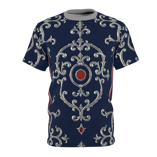 Elegant Unisex Cut & Sew Tee, Stylish AOP T-Shirt for Casual Wear, Unique Graphic Tee - Blue & Red Striped Silver Baroque