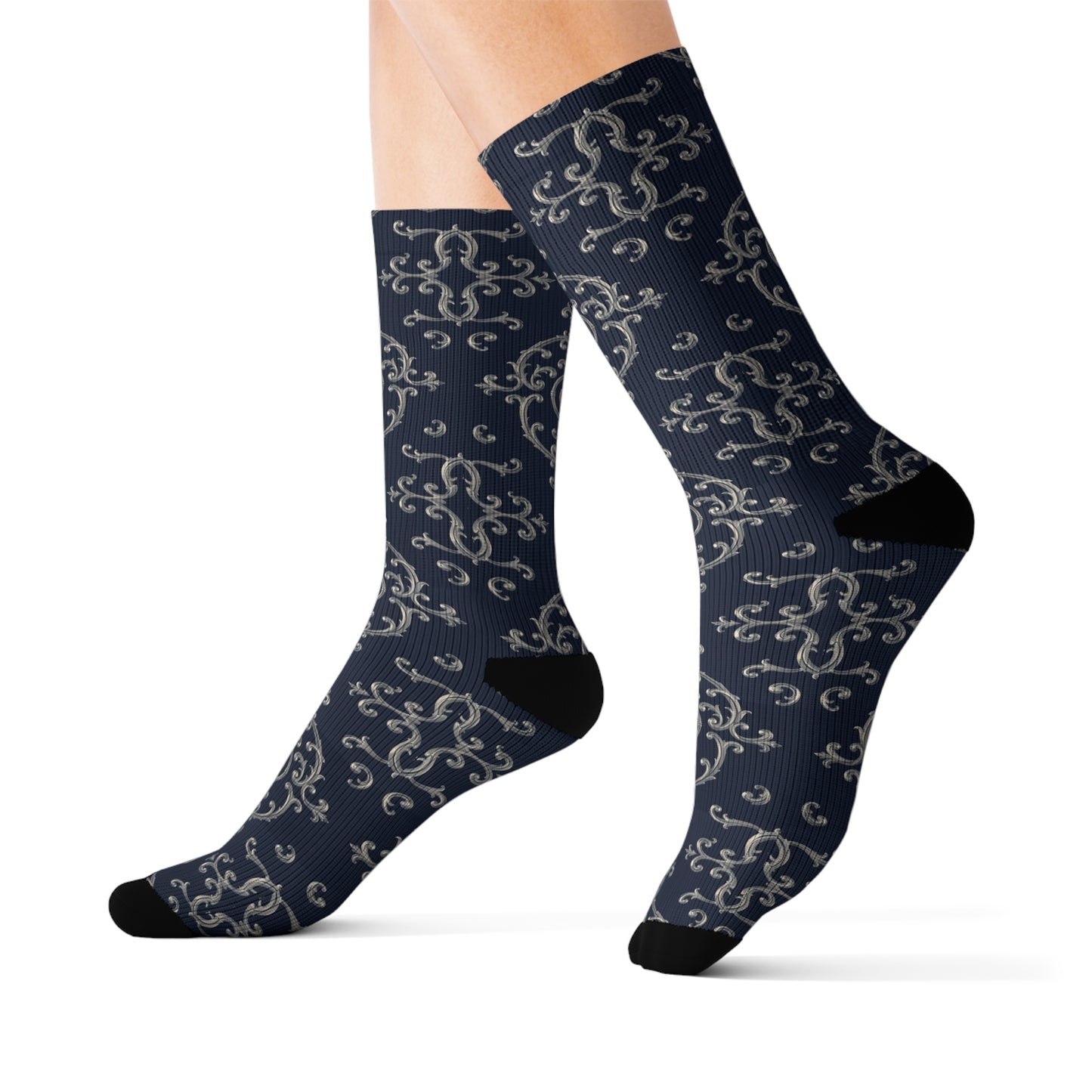 Stylish Sublimation Socks for Everyday Comfort, Unique Gift for Sock Lovers, Cozy Footwear for All Occasions - Blue & Red Striped Silver Baroque