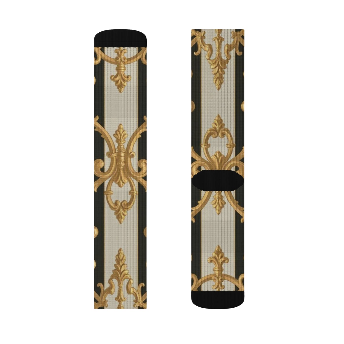 Luxurious Black & Alabaster Striped Baroque Patterned Socks - Stylish Sublimation Socks for Daily Wear, Gifts, Fashion Accessories, Special Occasions