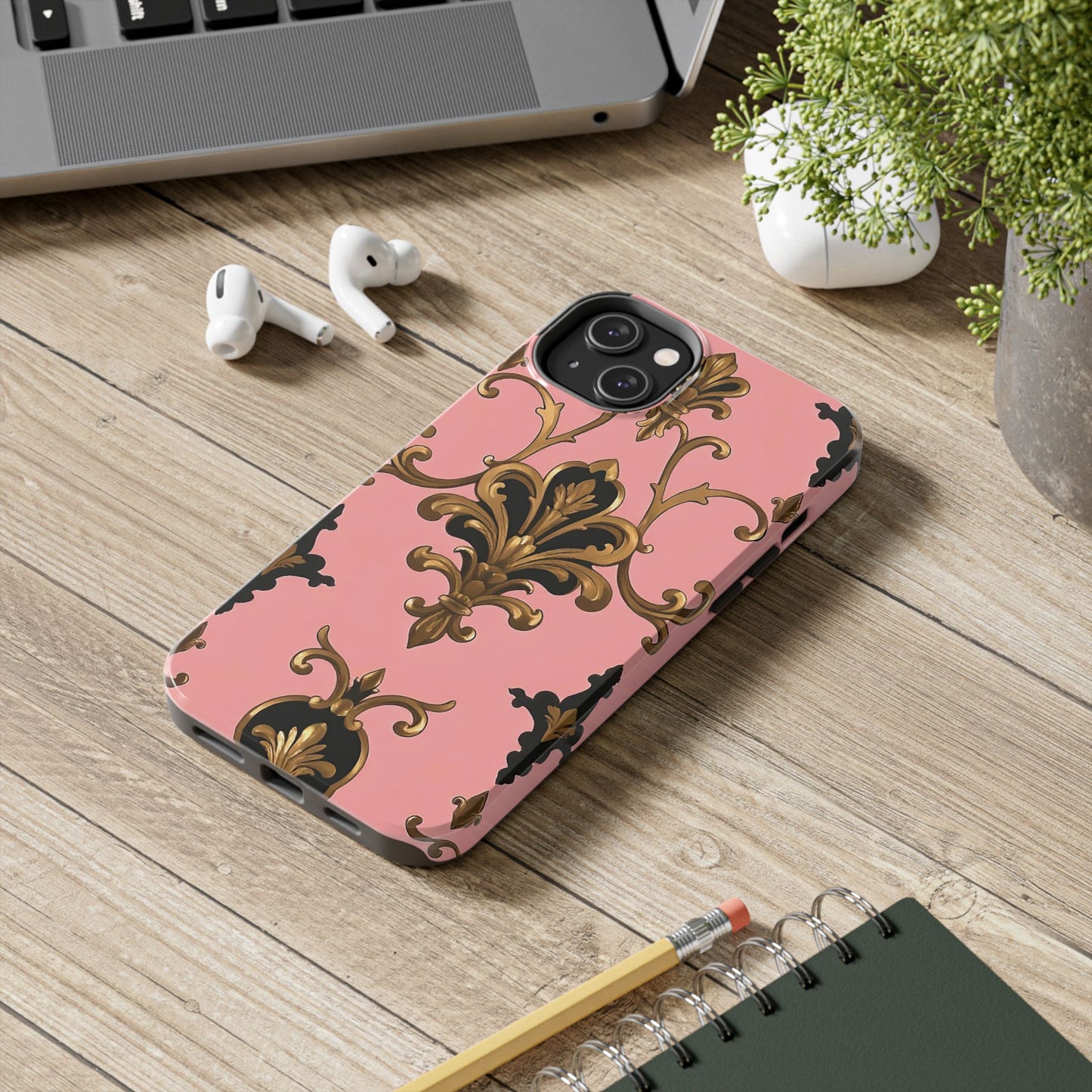 Chic Tough Phone Cases with Floral Design, Elegant Phone Cover, Durable Smartphone Case, Stylish Tech Accessory - Pink, Black & Gold Rococo
