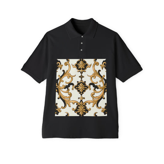 Stylish Men's Piqué Polo Shirt with Elegant Design - Perfect for Casual Events, Golf, Summer Days, Gifts - Black & Gold Rococo