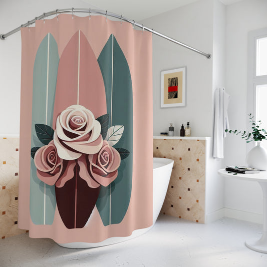 Vintage Floral Shower Curtain with Stripes - Elegant Home Decor - Burgundy, Matte Mauve & Teal Surfboard & Roses Design
