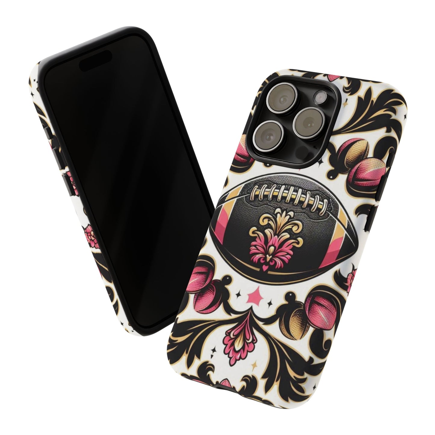 Elegant Floral Motif Phone Case - Tough Cases with Vintage Design - Damask White, Pink Gold & Black Football