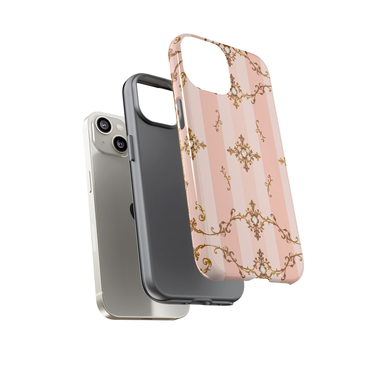 Elegant Floral Phone Case, Tough Cases for Women, Trendy Phone Cover, Chic Gift - Pink Jeweled Striped Gold Baroque