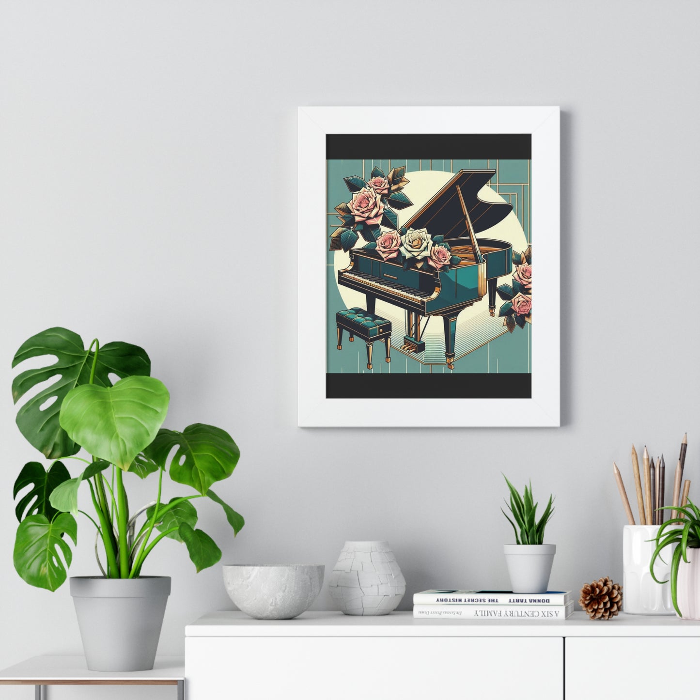 Vertical Poster - Teal Grand Piano & Roses Wall Art