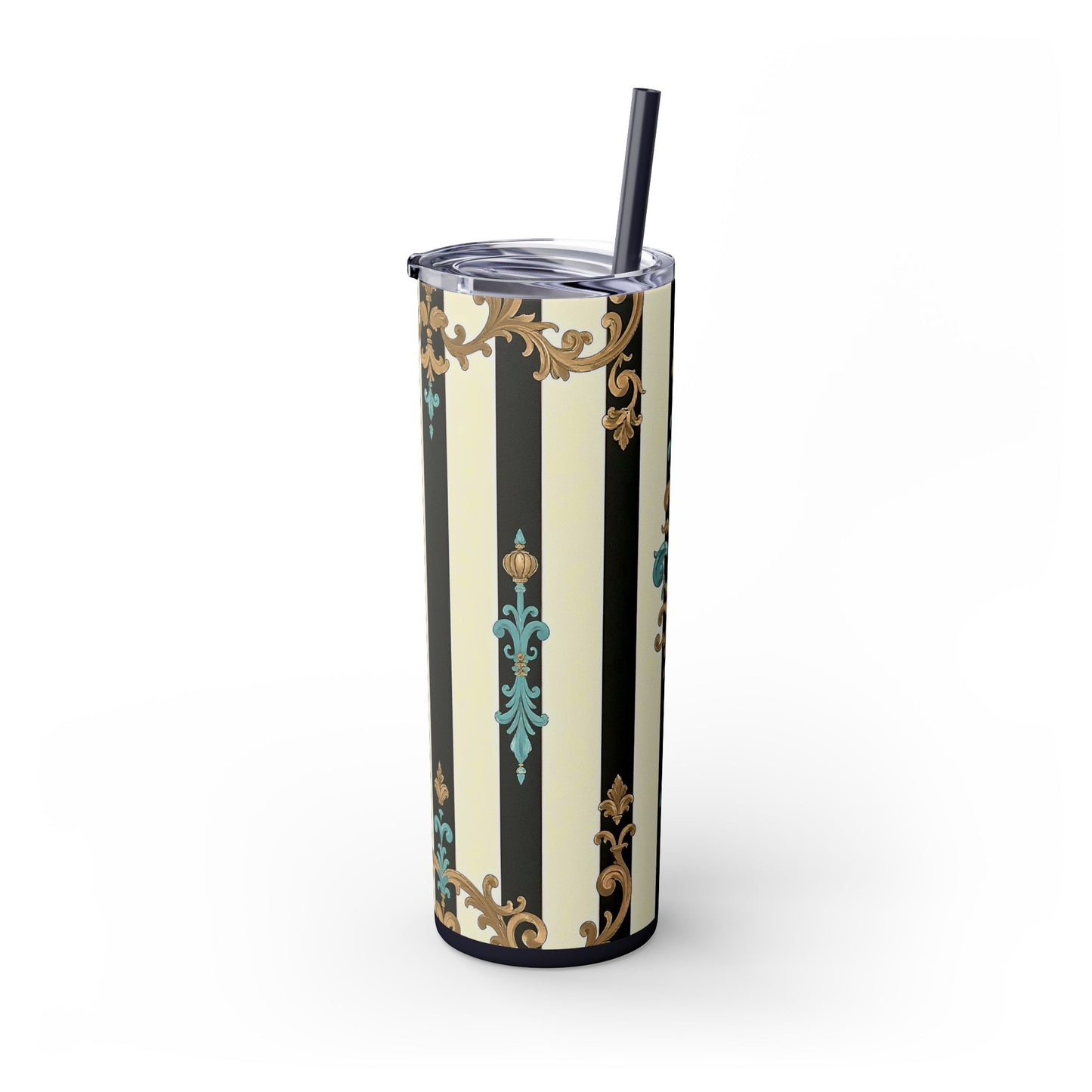 Elegant Stripe Skinny Tumbler | 20oz | Ideal Gift for Home, Office, Travel, Party, or Everyday Use - Black Striped Turquoise & Black Rococo