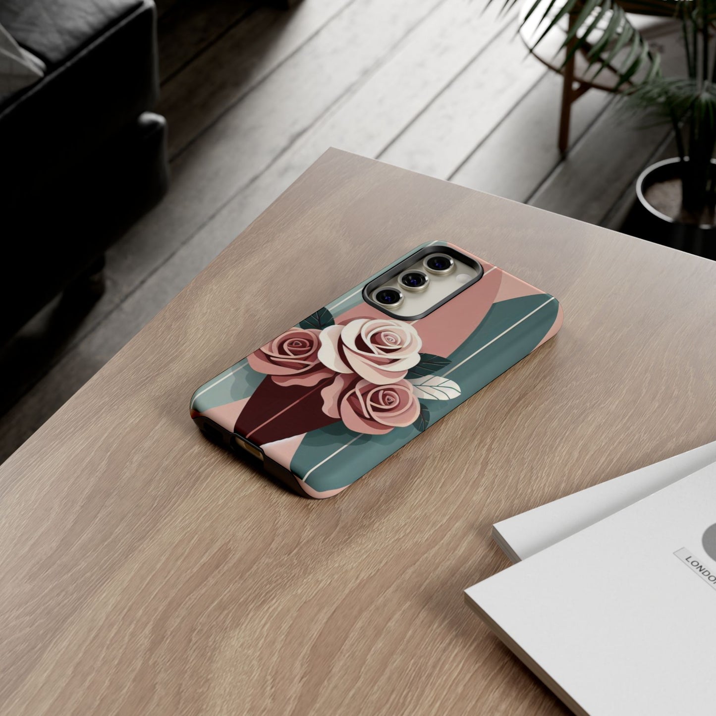 Phone Case - Burgundy, Matte Mauve & Teal Surfboard & Roses Design