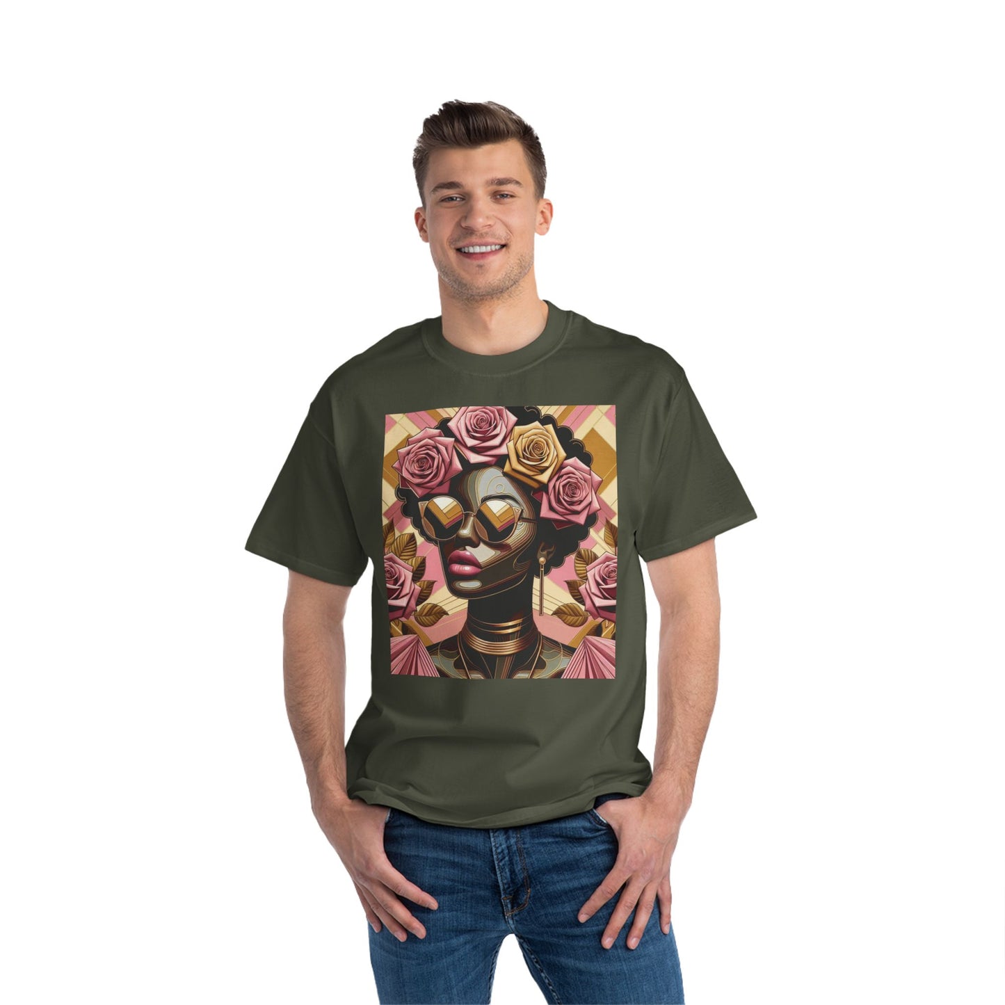 Artistic Floral Feminine T-Shirt, Stylish Tee with Mixed Media Design, Vibrant Short-Sleeve Top, Trendy Casual Wear - Pink Roses Lady