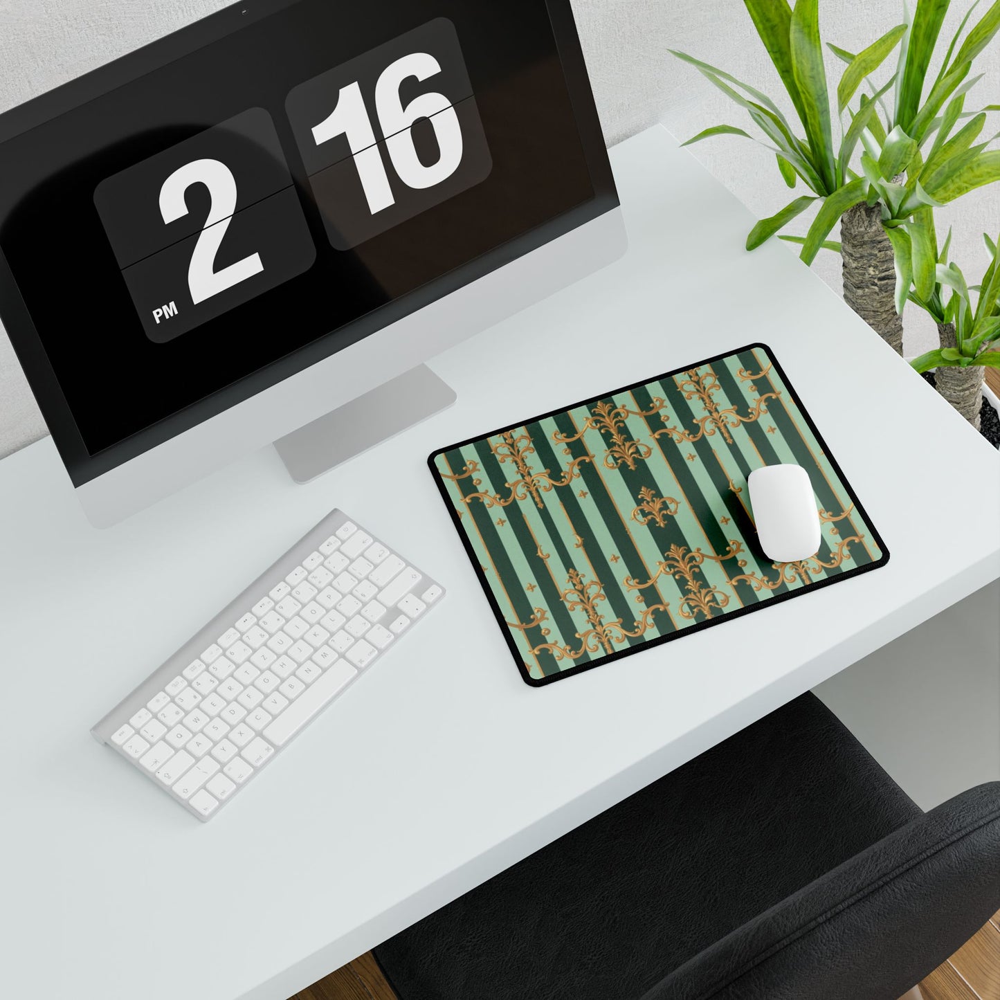 Elegant Office Desk Mats, Decorative Desk Accessories, Home Office Decor, Stylish Mouse Pads - Mint Green & Teal Striped Gold Baroque