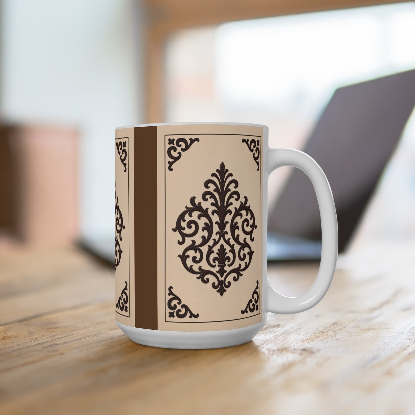 Almond-Beige & Brown Baroque 15oz Mug — Classic Brown Vintage Baroque Coffee Cup - White