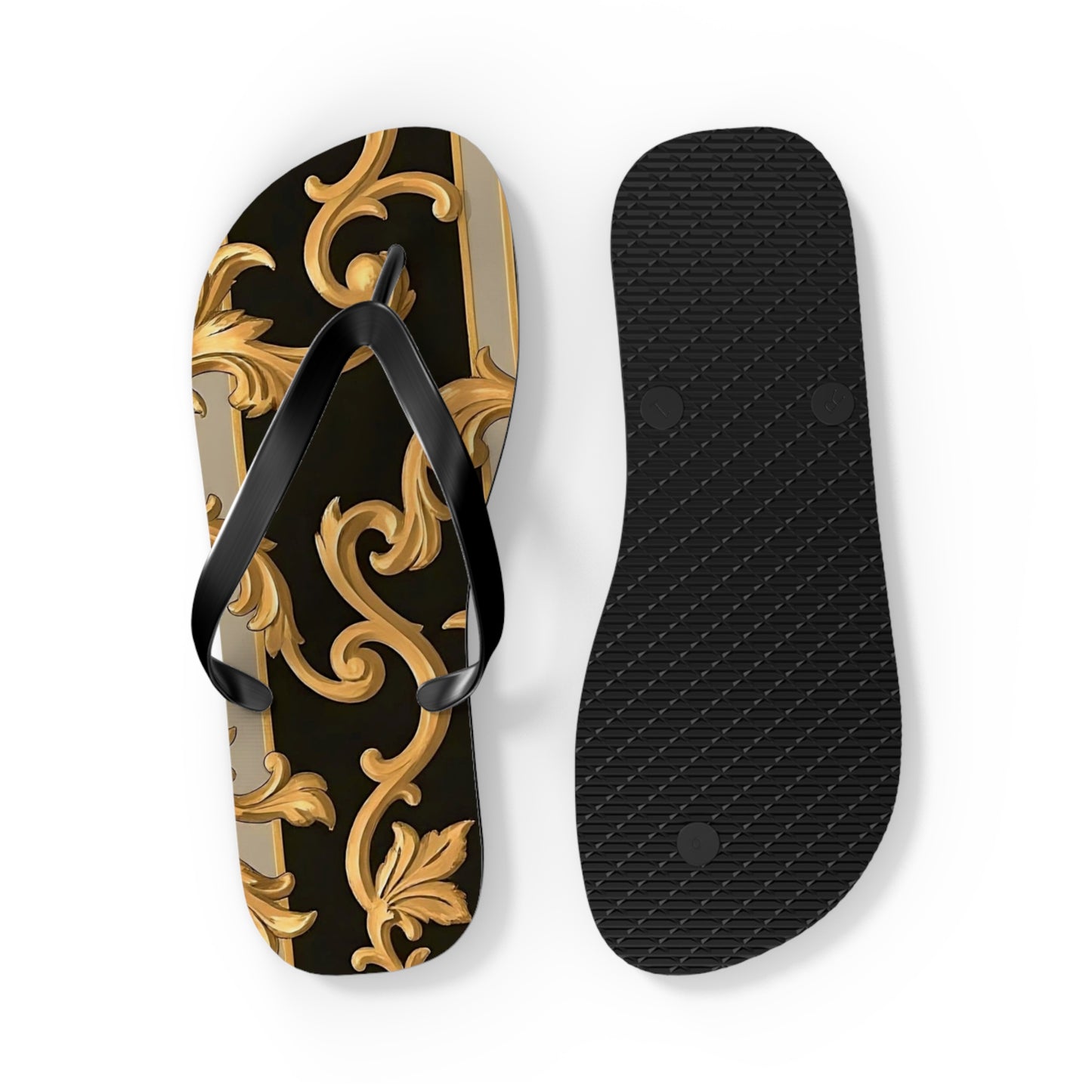 Stylish Flip Flops with Elegant Gold Design, Beachwear, Summer Sandals, Vacation Footwear, Poolside Essentials - Blue & Black Striped Rococo