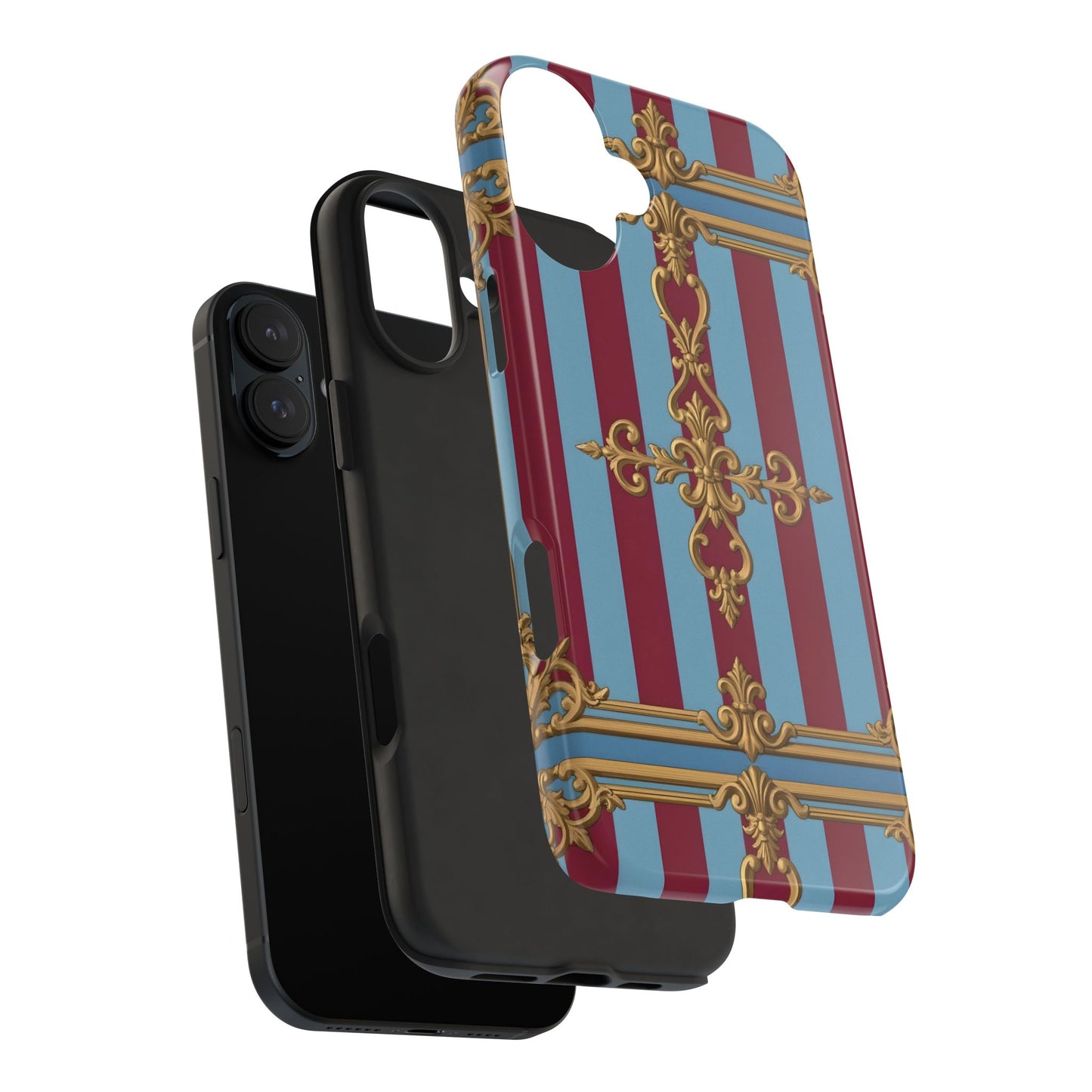 Elegant Patterned Tough Phone Cases, Stylish Phone Cover, Durable Phone Protection, Unique Gift Idea - Sky Blue & Maroon Striped Baroque