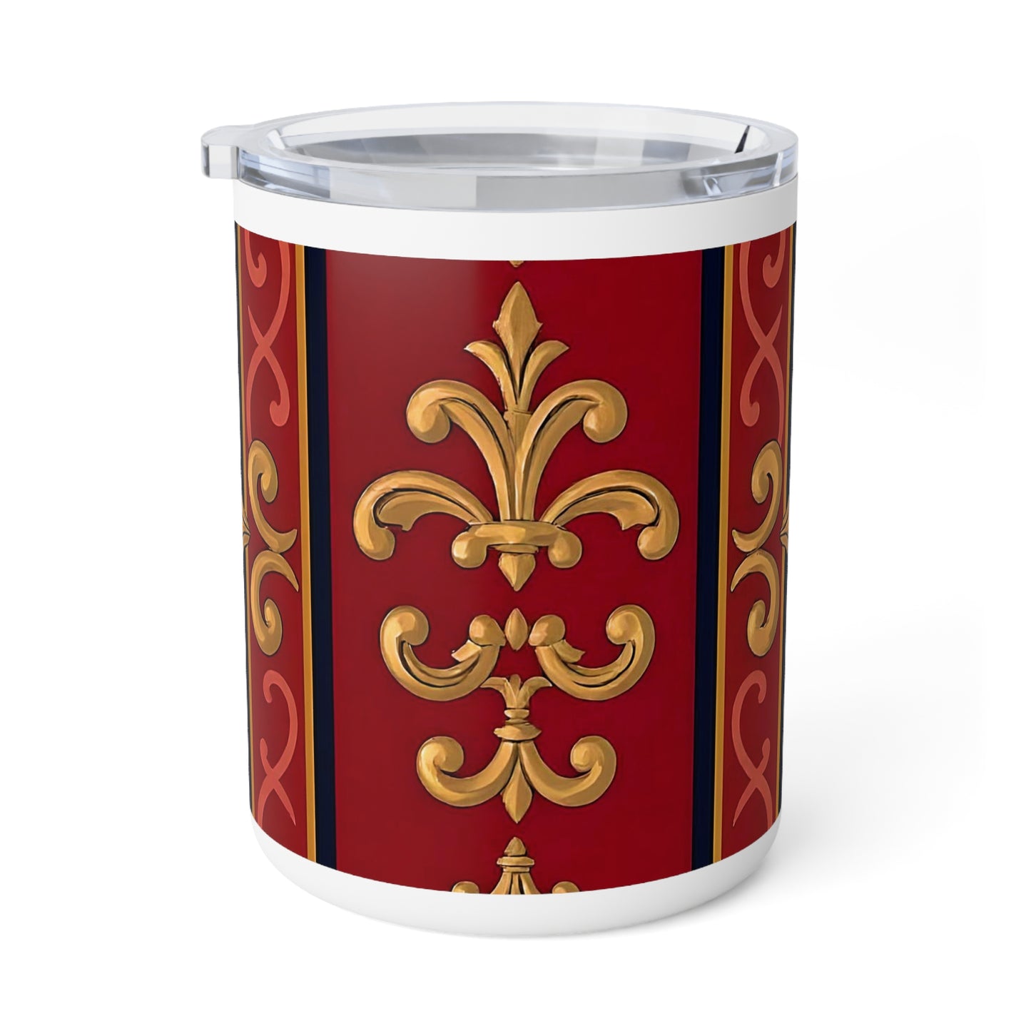 Elegant Insulated Coffee Mug - 10oz, Decorative Travel Mug, Luxe Hot Drink Cup, Stylish Housewarming Gift - Midnight Blue & Dusk Red Gold Baroque