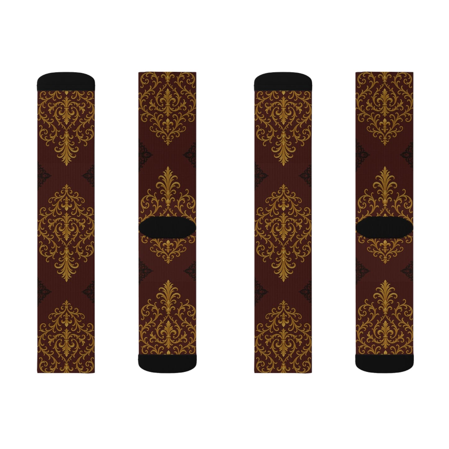 Dusk Burgundy-Black & Gold Baroque Sublimation Socks — Vintage Baroque Patterned Crew Socks