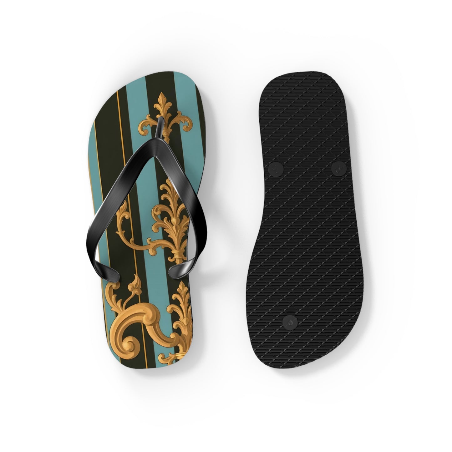 Elegant Striped Flip Flops, Stylish Beach Sandals, Summer Footwear, Vacation Essentials - Black & Turquoise Striped Baroque