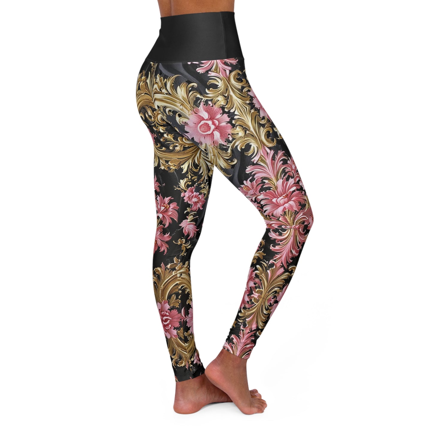 Chic Floral High Waisted Yoga Leggings, Activewear, Fitness Apparel, Exercise Pants, Yoga Gear, Gift for Her - Black & Pink Oil Painting Style Rococo
