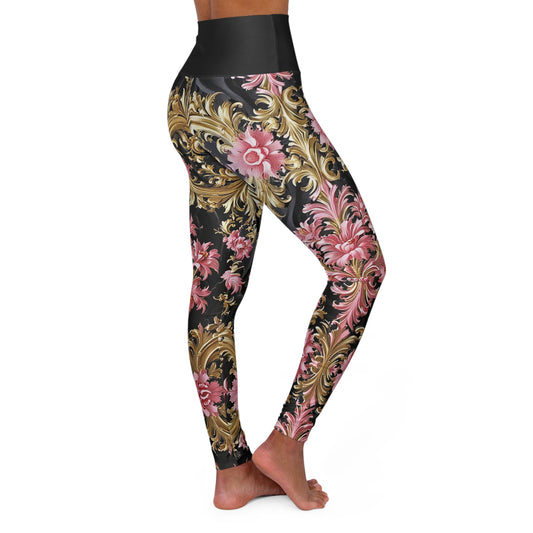 Chic Floral High Waisted Yoga Leggings, Activewear, Fitness Apparel, Exercise Pants, Yoga Gear, Gift for Her - Black & Pink Oil Painting Style Rococo