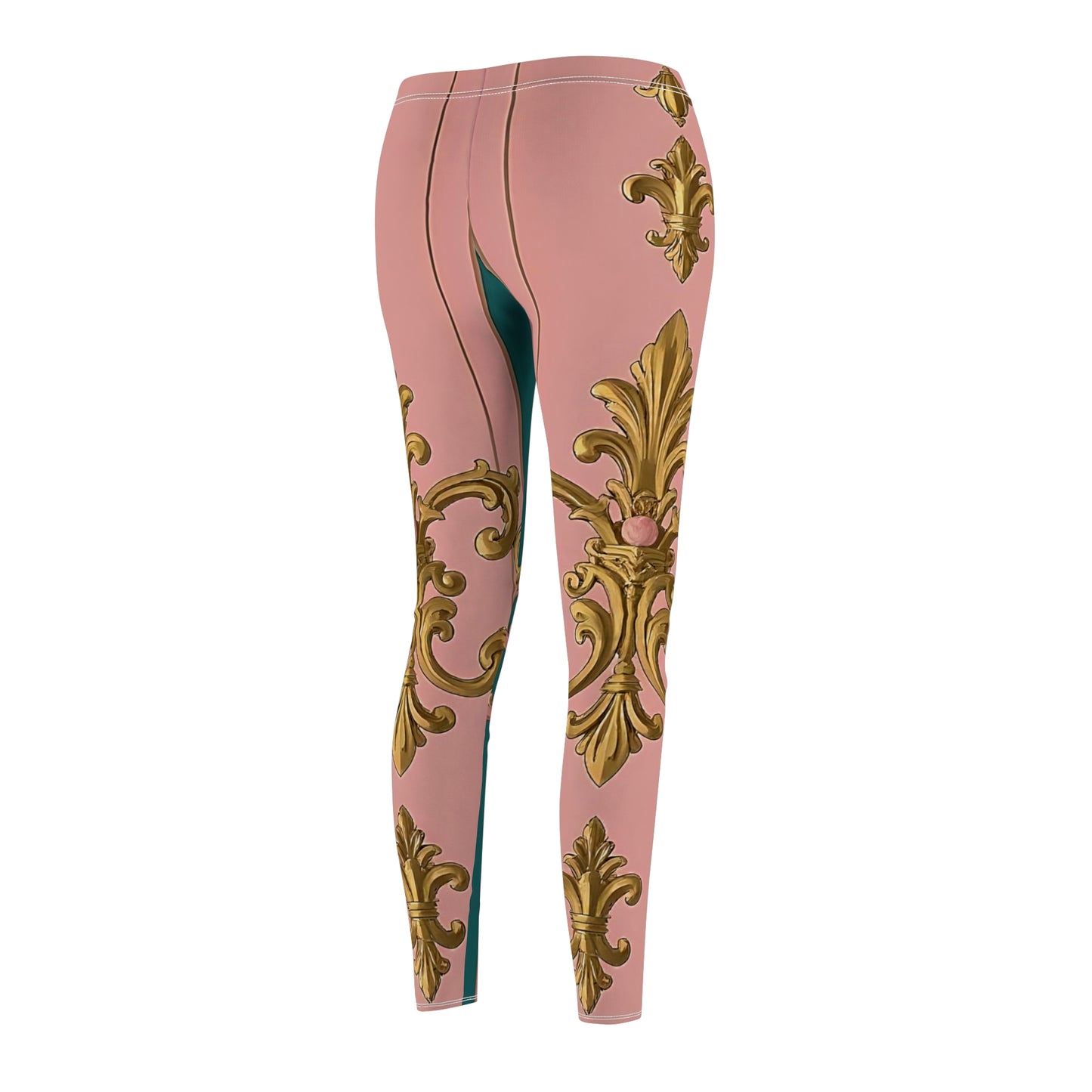 Elegant Floral Leggings, Stylish Activewear, Casual Outfits, Comfortable Yoga Pants - Pink & Teal Striped Gold Baroque