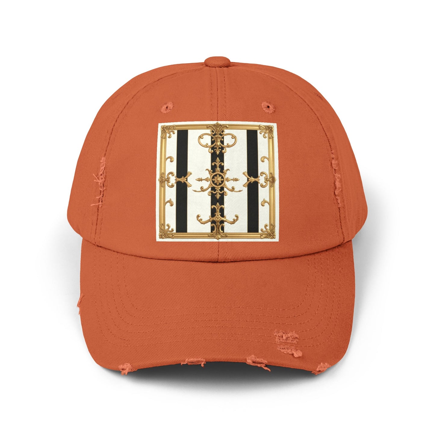Stylish Distressed Cap with Unique Gold Design, Trendy Hat, Casual Wear, Gift for Him/Her - Black & White Striped Gold Baroque