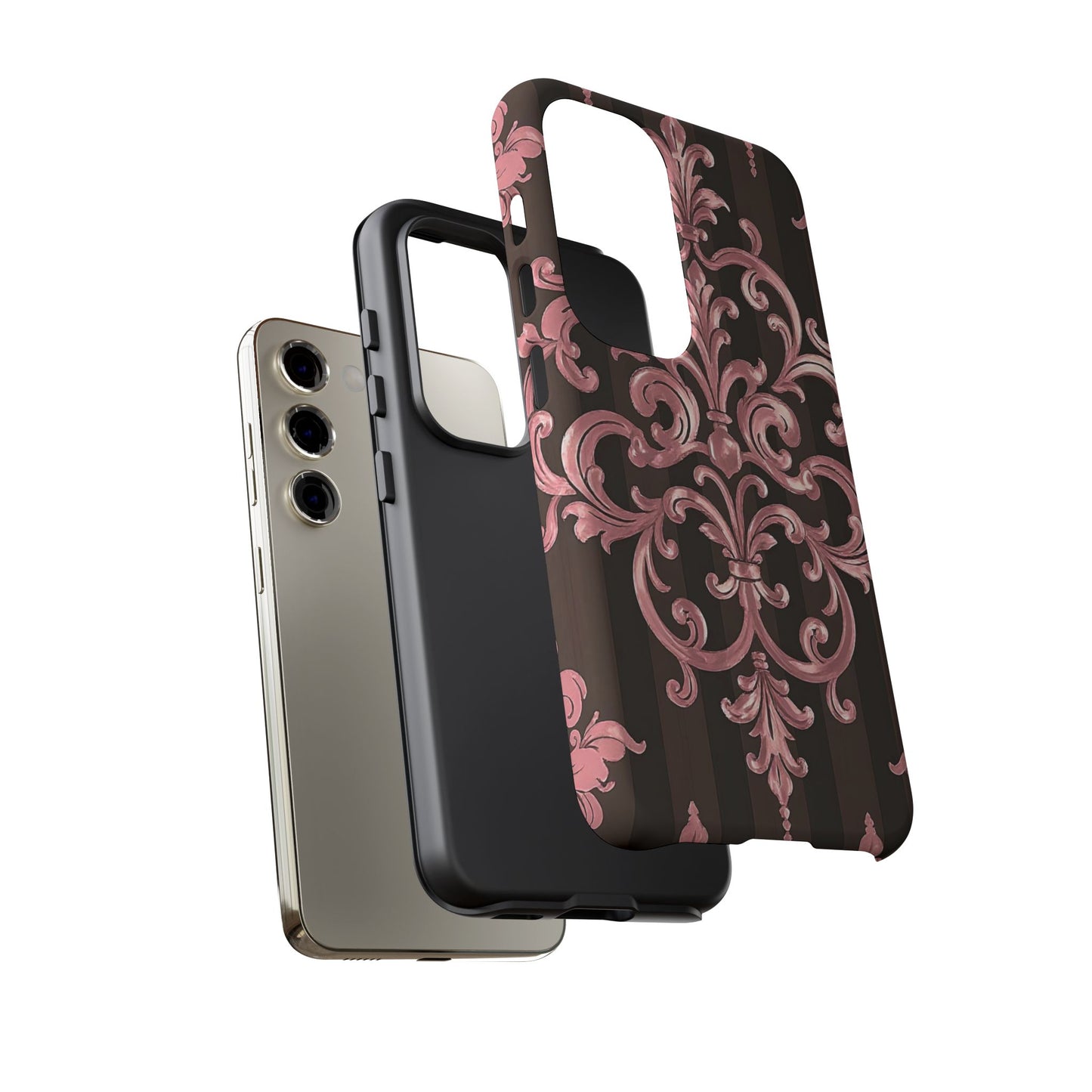 Elegant Floral Motif Phone Case - Tough Cases with Vintage Design - Brown Striped Mauve Damask