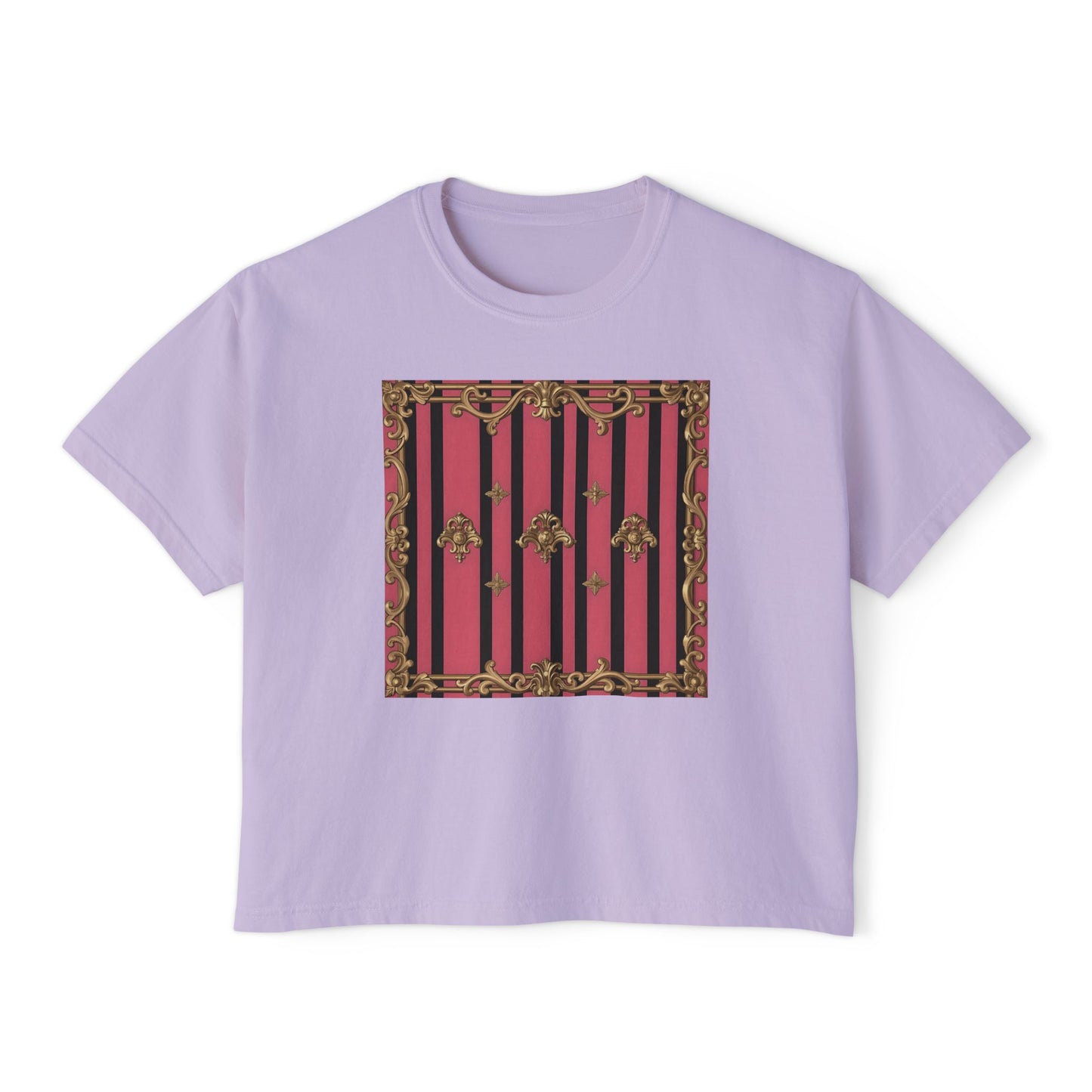 Chic Women's Boxy Tee with Vintage Floral Design, Casual Top, Summer Outfit, Gift for Her, Everyday Wear, Stylish Tee - Pink Striped Gold Rococo