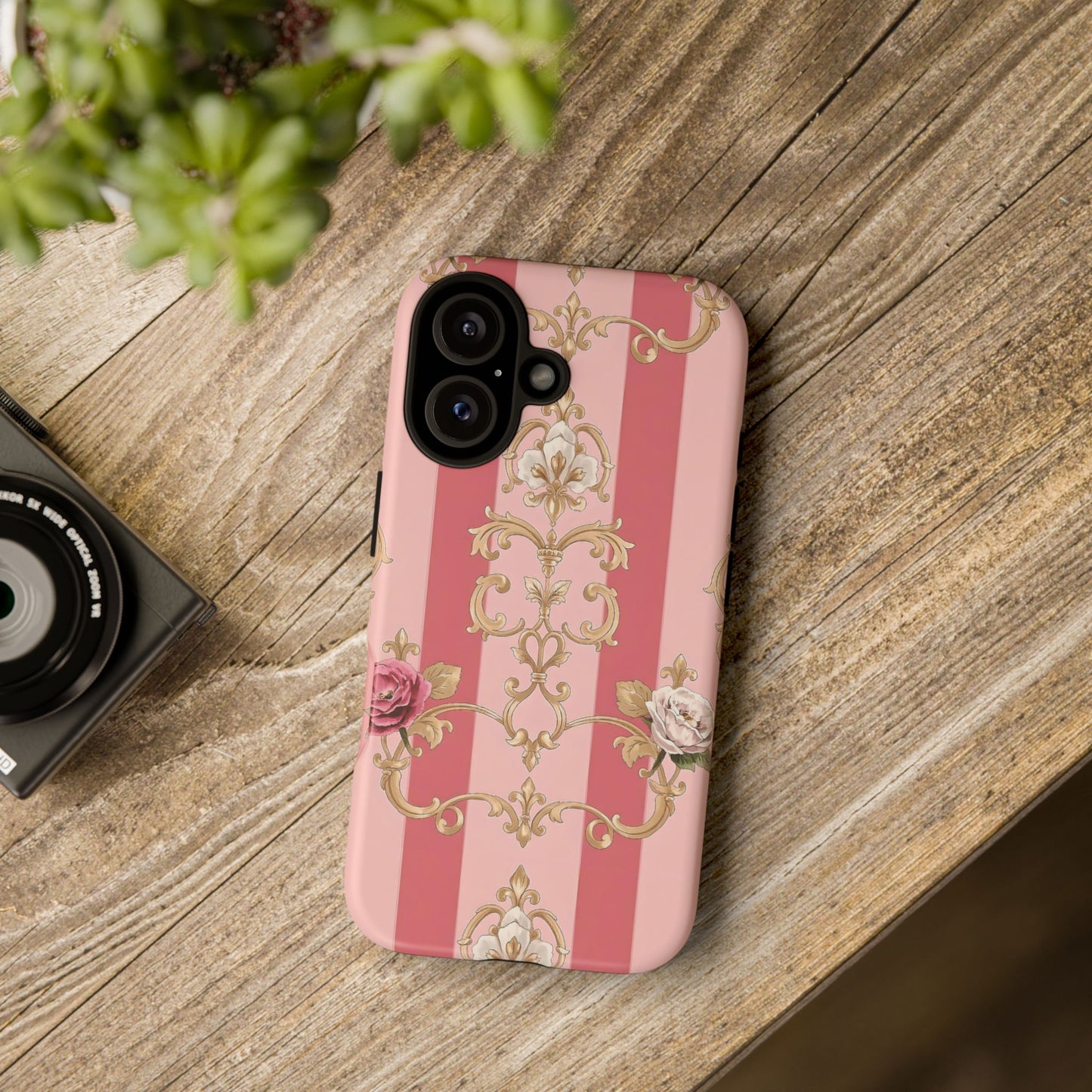 Elegant Floral Motif Phone Case - Tough Cases with Vintage Design - Pink Striped Roses & Damask