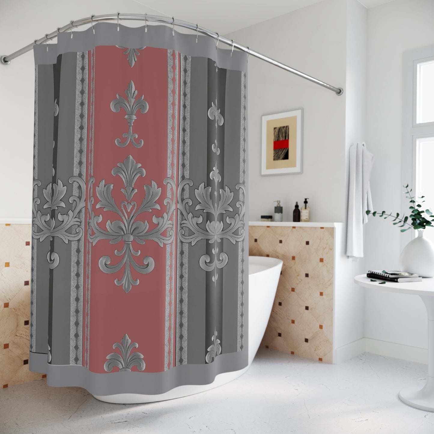 Elegant Vintage Shower Curtain with Floral Design - Gray & Mauve Striped Baroque