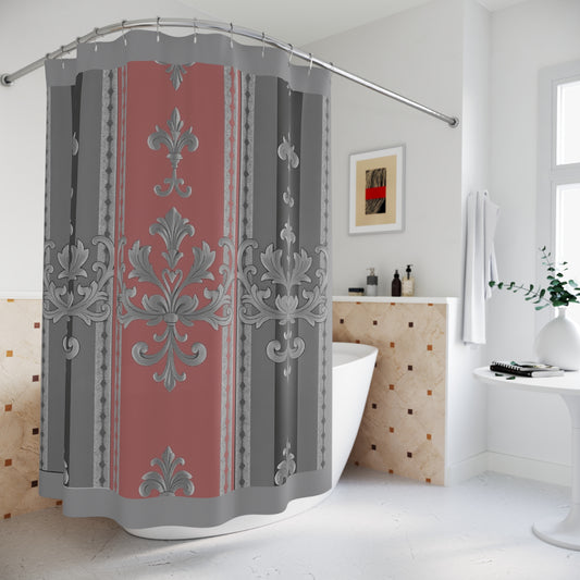 Elegant Vintage Shower Curtain with Floral Design - Gray & Mauve Striped Baroque