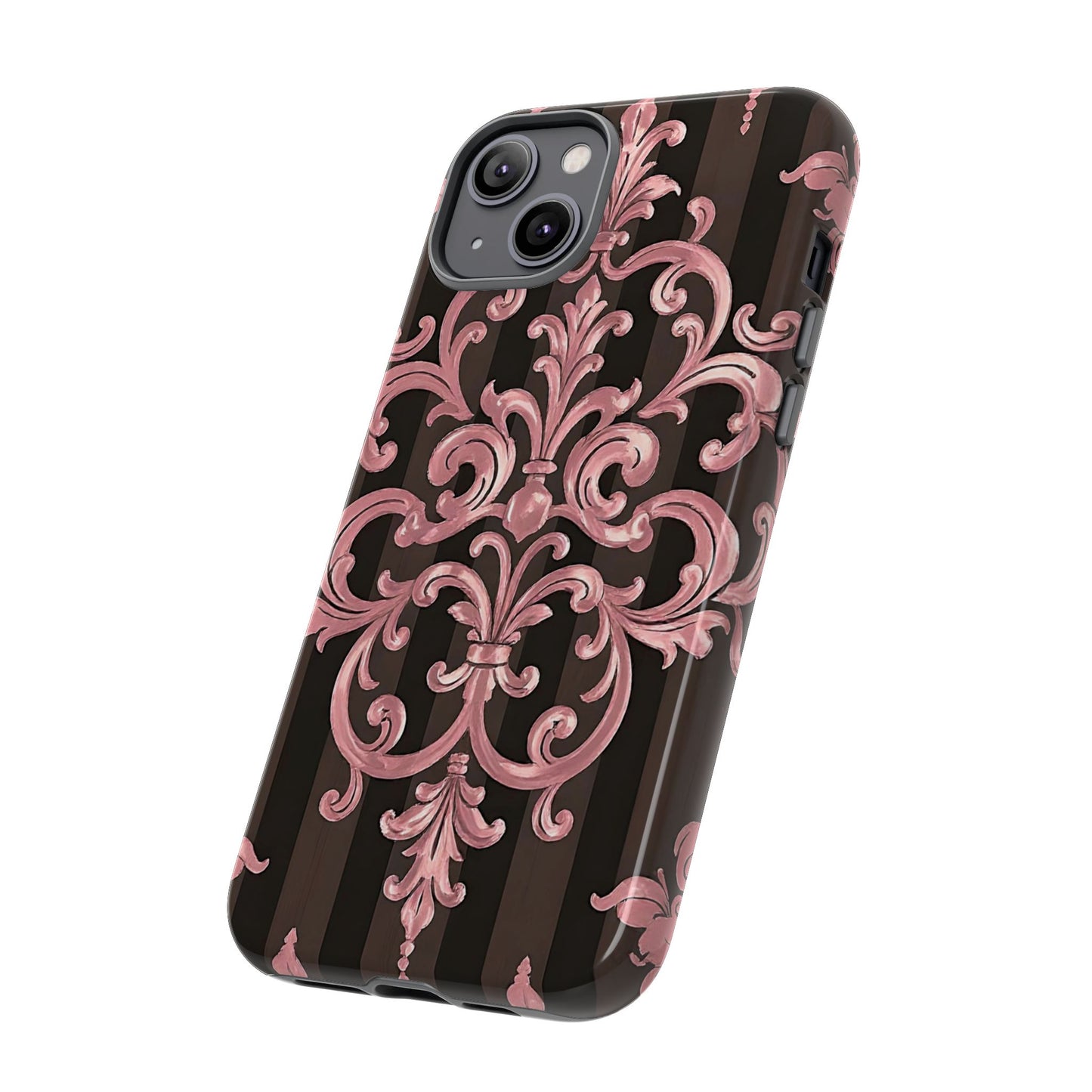 Elegant Floral Motif Phone Case - Tough Cases with Vintage Design - Brown Striped Mauve Damask