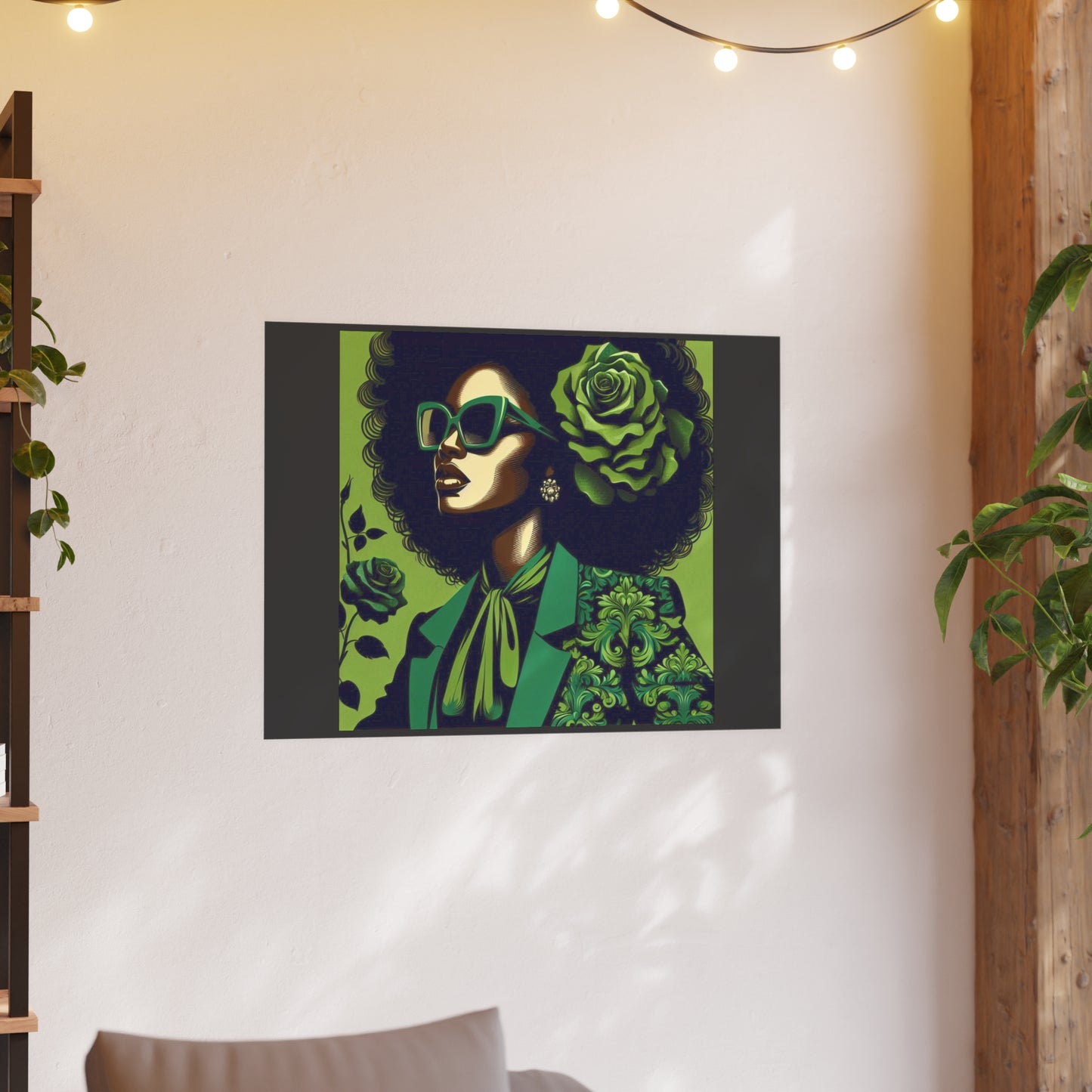 Chic Afrocentric Art Poster, Vibrant Wall Décor, Stylish Home Decoration, Damask Chic Art Print - Lady In Green Damask