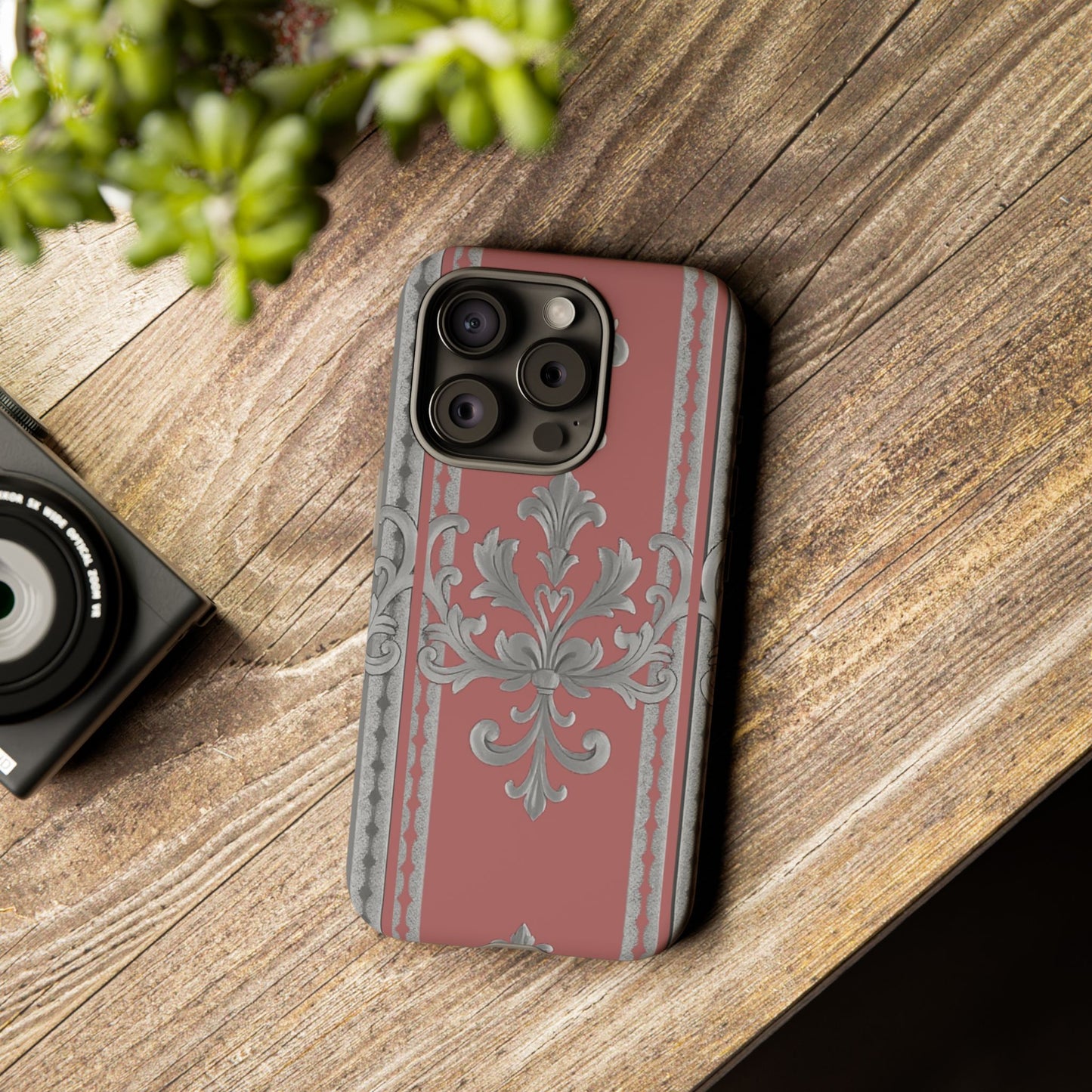 Elegant Floral Phone Case - Tough Cases for Stylish Protection - Gray & Mauve Striped Baroque