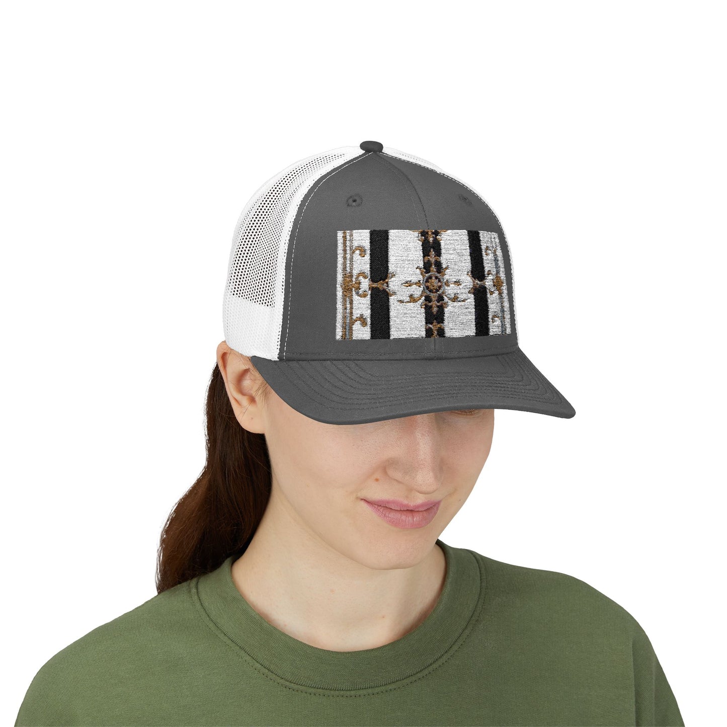 Trendy Snapback Trucker Cap, Casual Fashion Hat, Summer Accessory, Gift Idea for Cool Teens, Outdoor Activities - Black & White Striped Gold Baroque