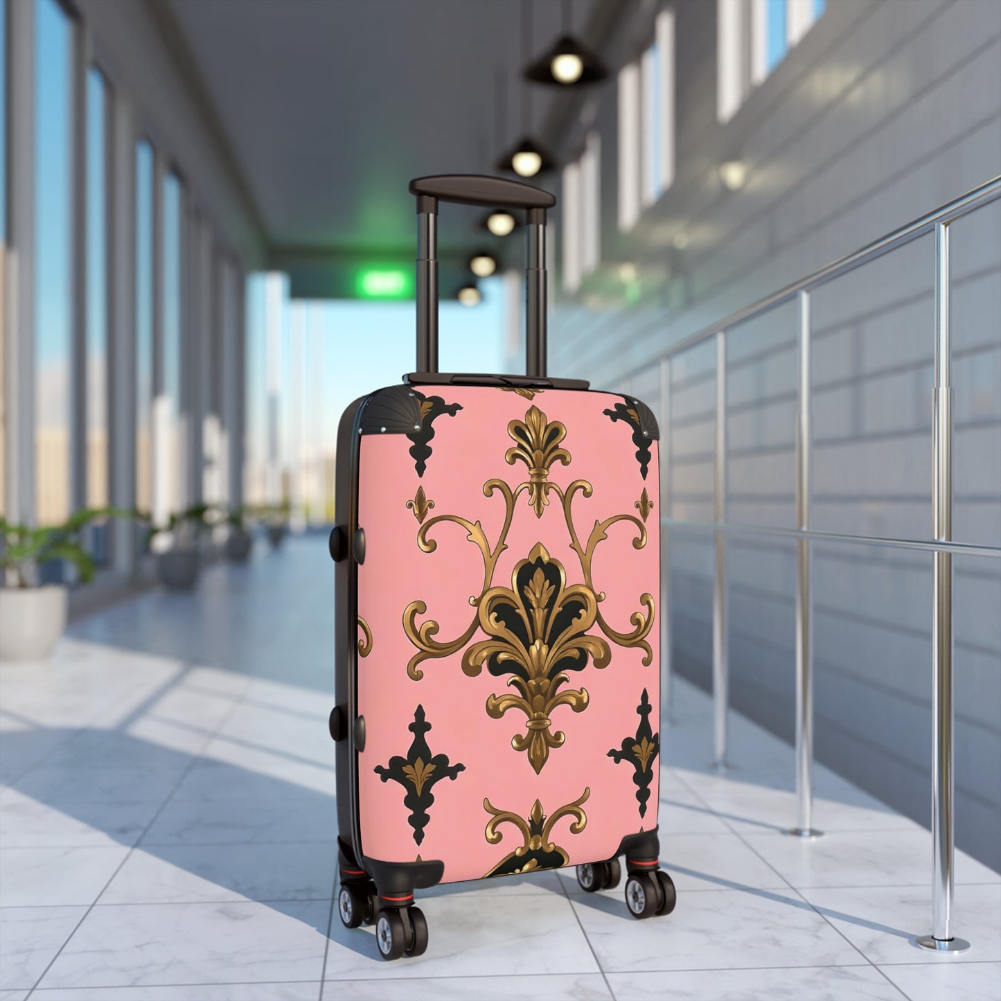 Elegant Pink Floral Suitcase, Travel Luggage, Stylish Carry-On Bag, Personalized Gift for Travelers - Pink, Black & Gold Rococo