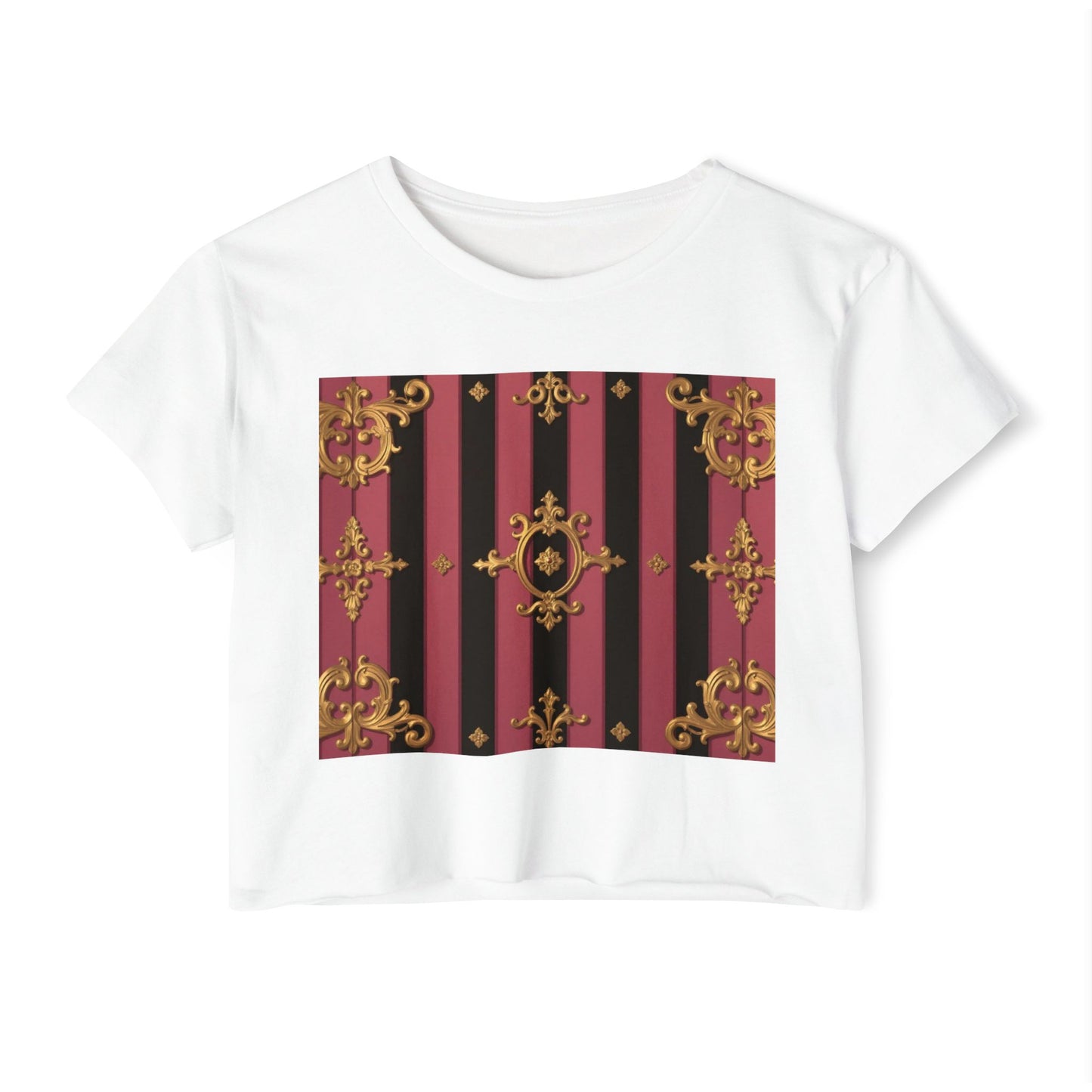 Festival Ready Black & Mauve Striped Gold Baroque Women's Crop Top | Elegant Chic, Summer Fashion, Music Festival Apparel
