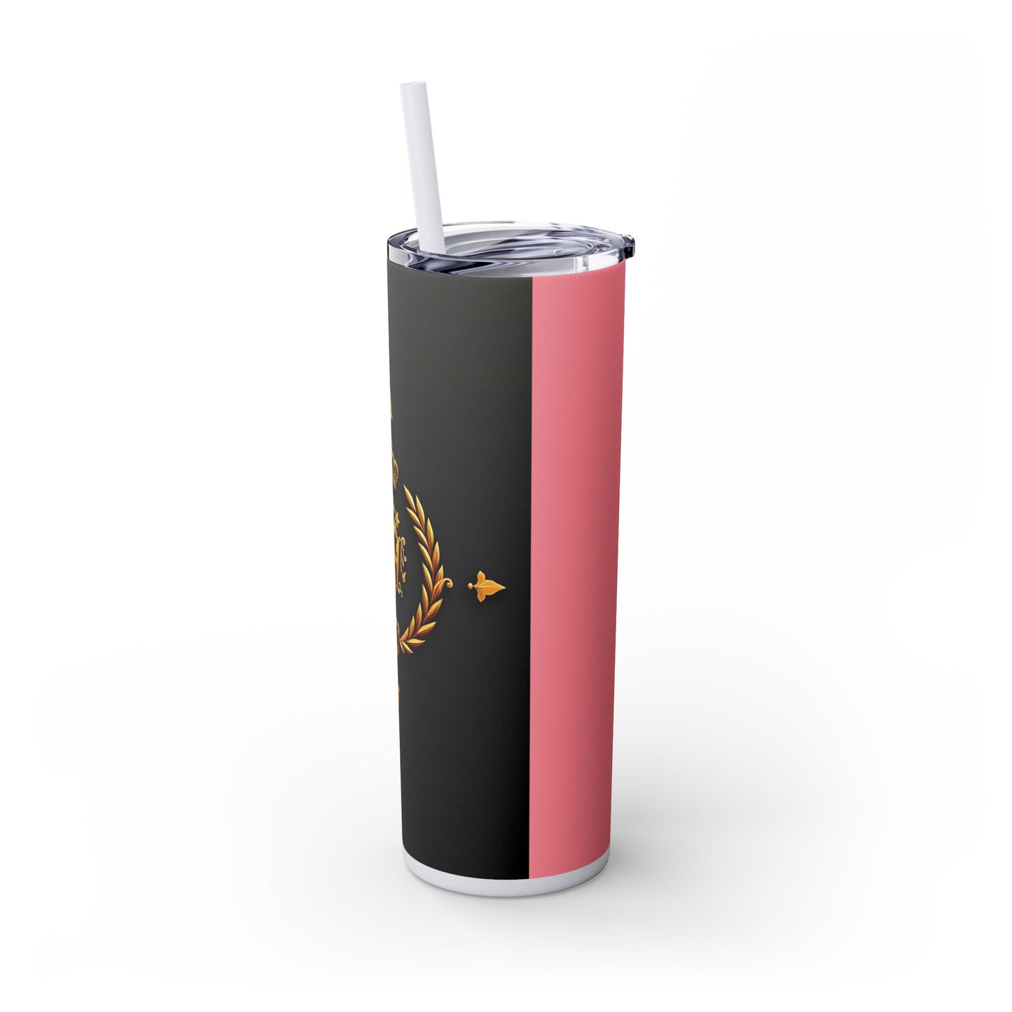 Elegant Royal Themed Skinny Tumbler, Chic Drinkware for Parties, Daily Hydration, Gifts for Her, Travel Mug, Reusable Straw - Pink Striped Gold Crest