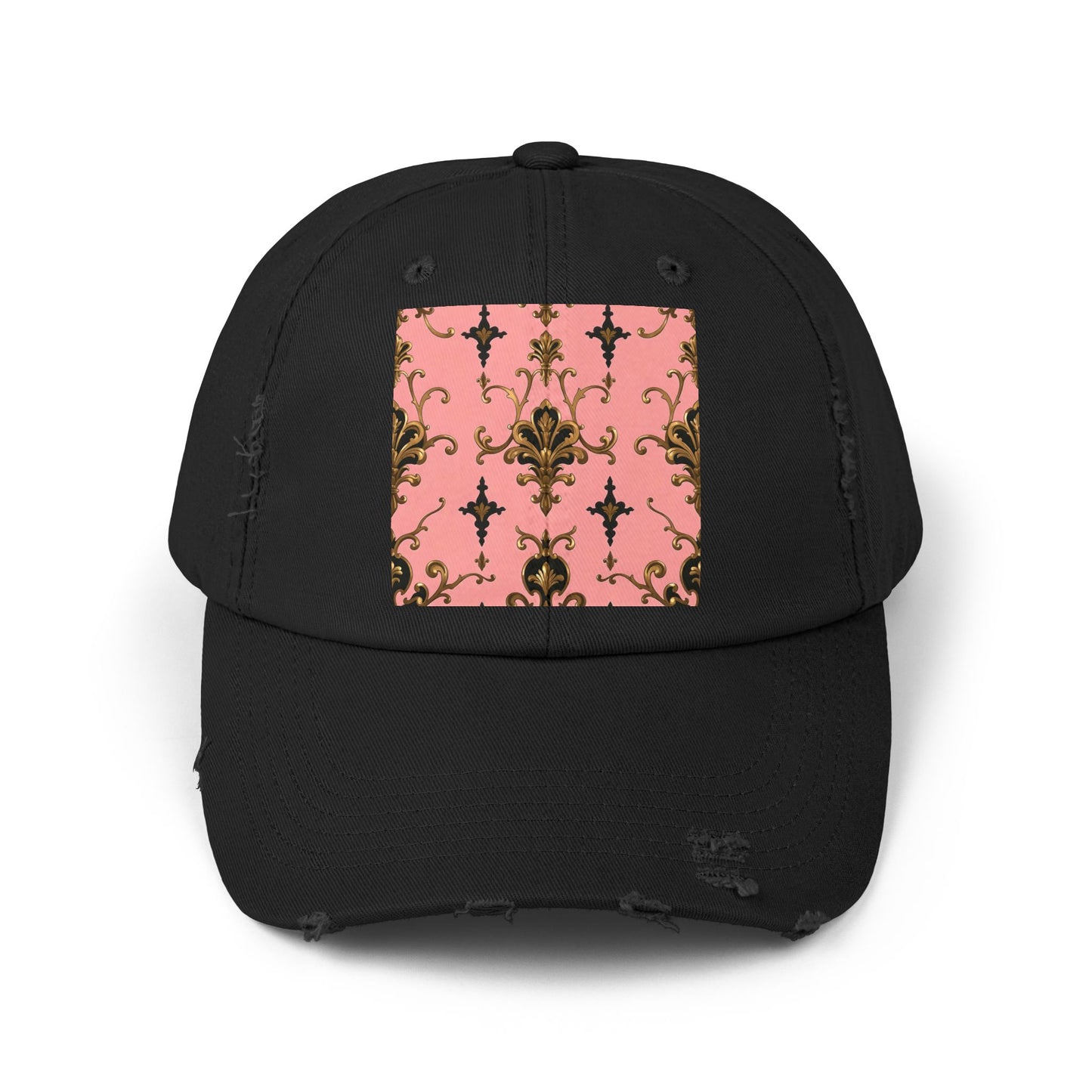 Chic Distressed Cap, Fashionable Baseball Hat, Casual Summer Headwear - Pink, Black & Gold Rococo