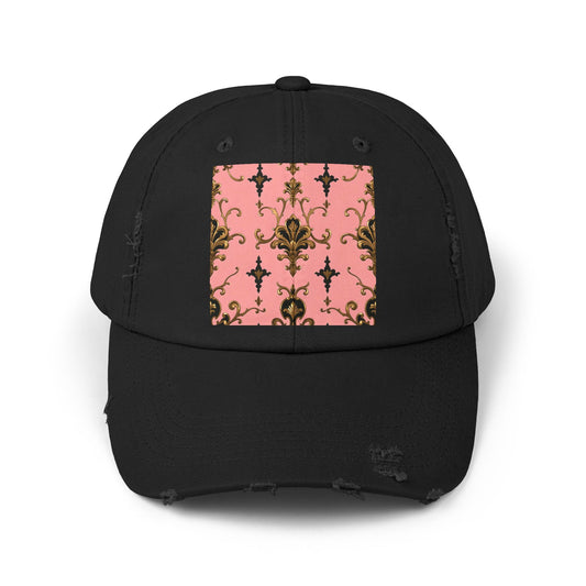 Chic Distressed Cap, Fashionable Baseball Hat, Casual Summer Headwear - Pink, Black & Gold Rococo