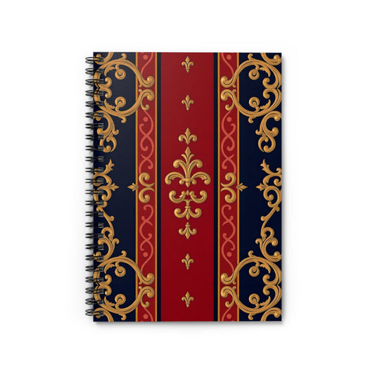 Elegant Floral Spiral Notebook - Ruled Line, Decorative Journal, Writing Diary, Vintage Inspired Notebook - Midnight Blue & Dusk Red Gold Baroque
