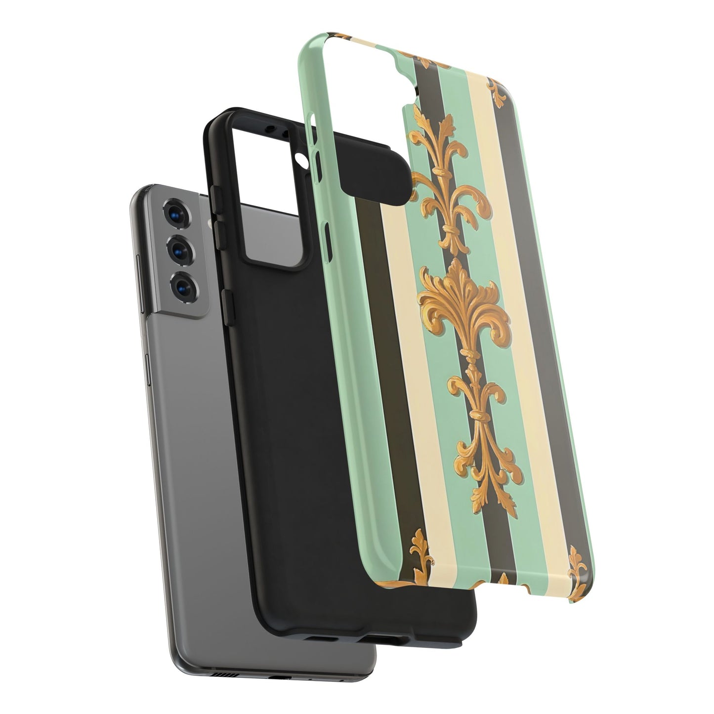 Elegant Floral Tough Phone Cases - Stylish Protection for All Occasions, Gifts for Her, Phone Covers - Black & Matte Mint Striped Rococo