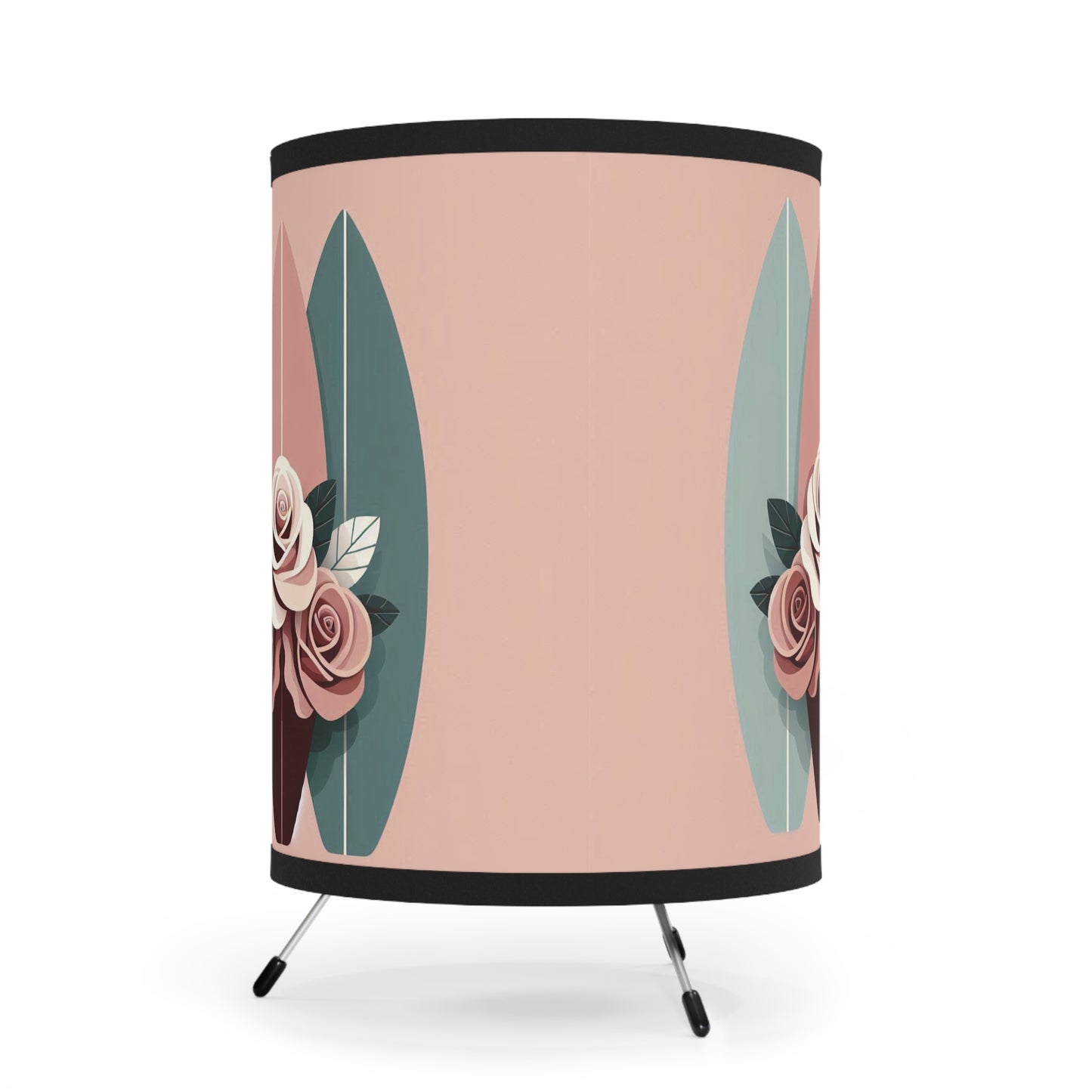 Boho Surf Tripod Lamp with Floral Design - High-Res Printed Shade - Burgundy, Matte Mauve & Teal Surfboard & Roses Design