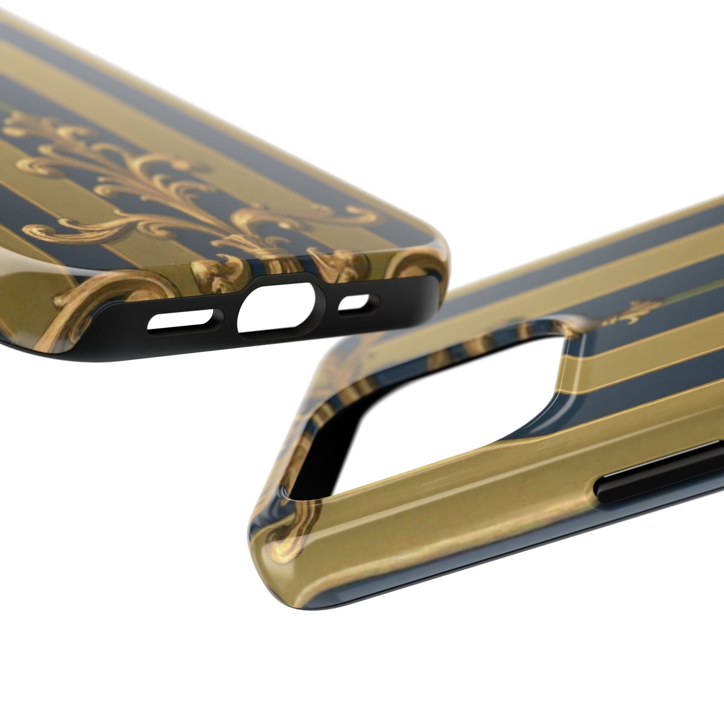 Elegant Midnight Blue & Olive Striped Gold Baroque Tough Phone Case, Phone Cover, Durable Case for Protection, Stylish Gift for Him/Her