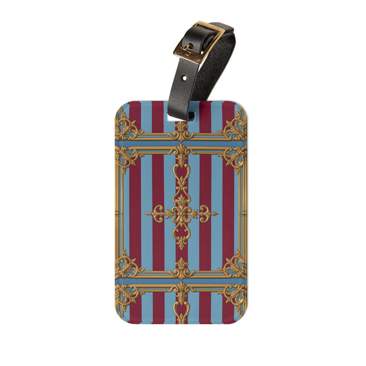 Elegant Travel Luggage Tag | Vintage Style, Personalized Travel Accessory, Floral Design, Perfect Gift for Travelers - Sky Blue & Maroon Striped Baroque