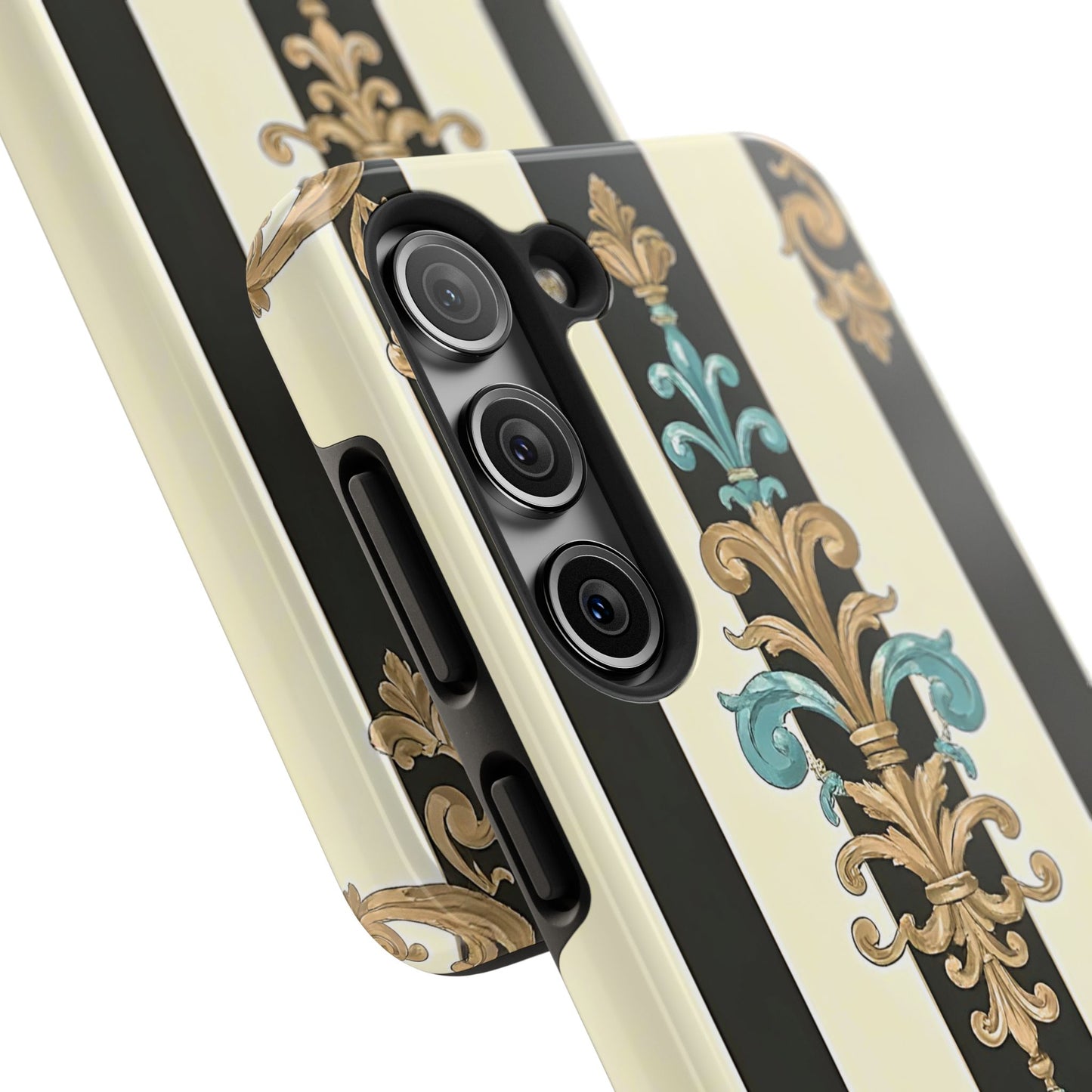 Elegant Vintage Tough Phone Cases, Stylish Phone Accessories, Quality Protection, Gifts for Her - Black Striped Turquoise & Black Rococo