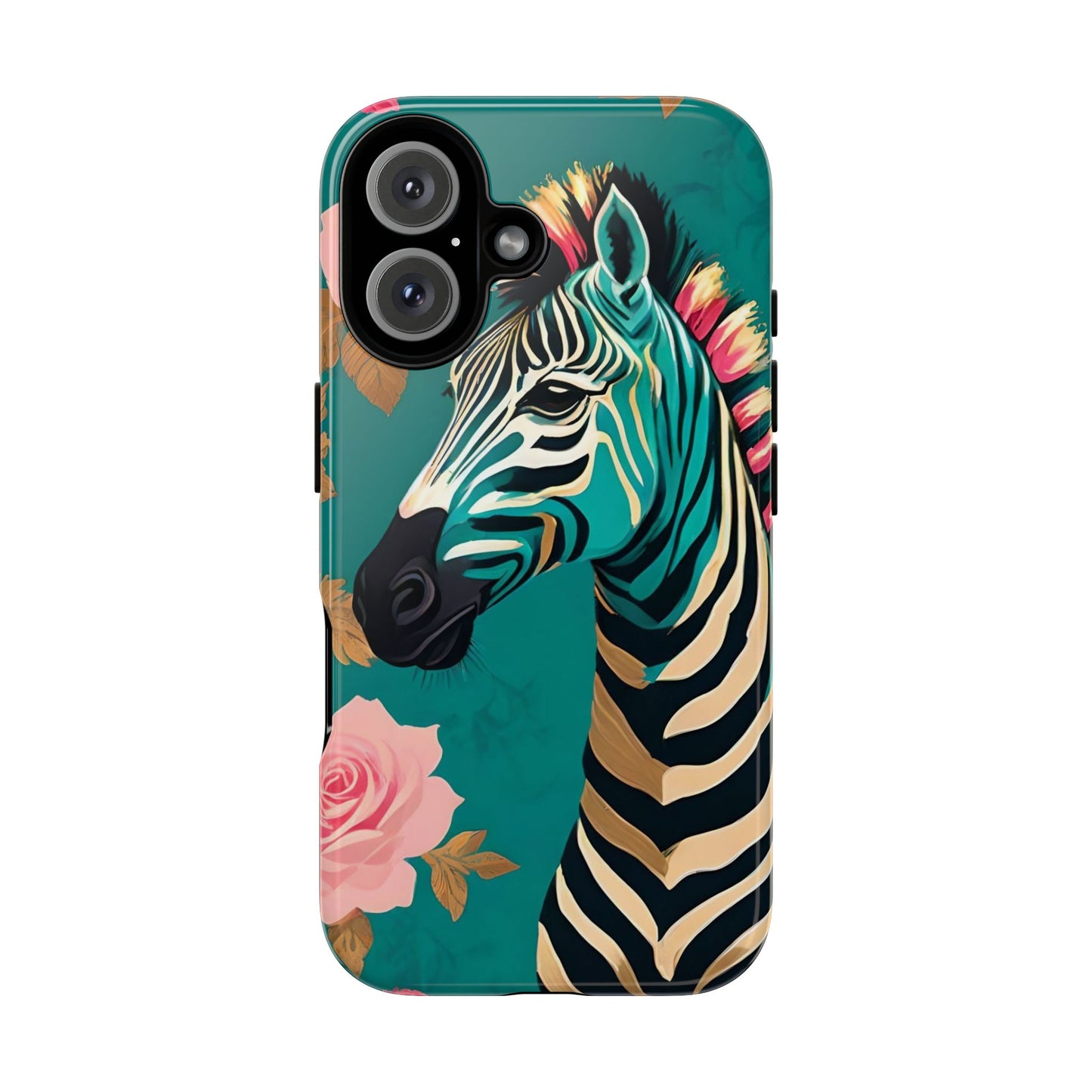 Phone Case - Elegant Teal & Gold Zebra & Roses Design
