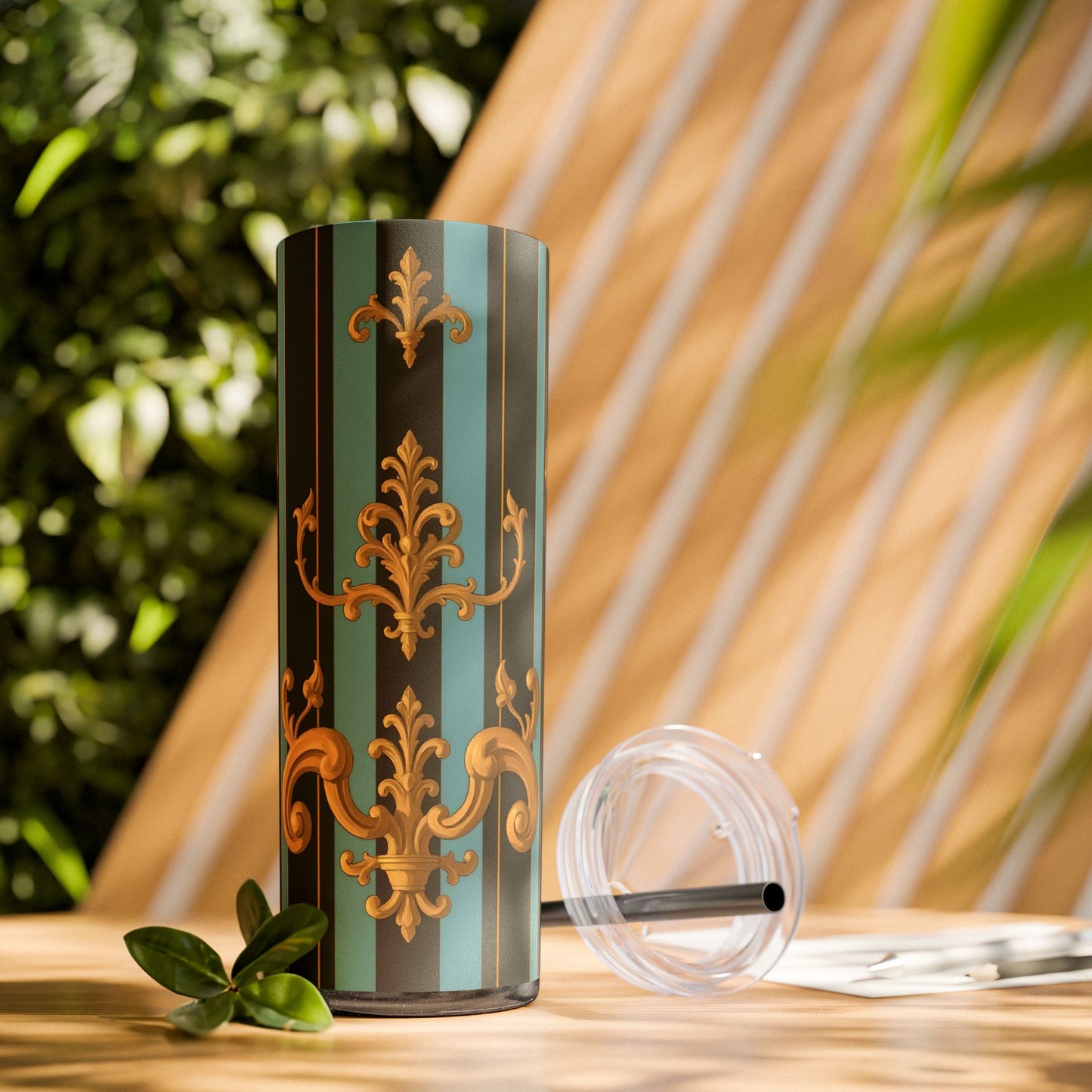 Elegant Vintage Skinny Tumbler with Straw, 20oz | Gold Floral Pattern, Reusable Drinkware, Perfect for Home - Black & Turquoise Striped Baroque