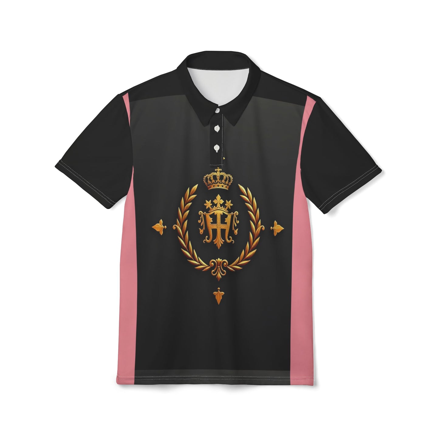 Royal Elegance Unisex Polo Shirt | Stylish Casual Wear, Gift for Him/Her, Summer Outing, Family Gatherings, Fashionable Tops - Pink Striped Gold Crest