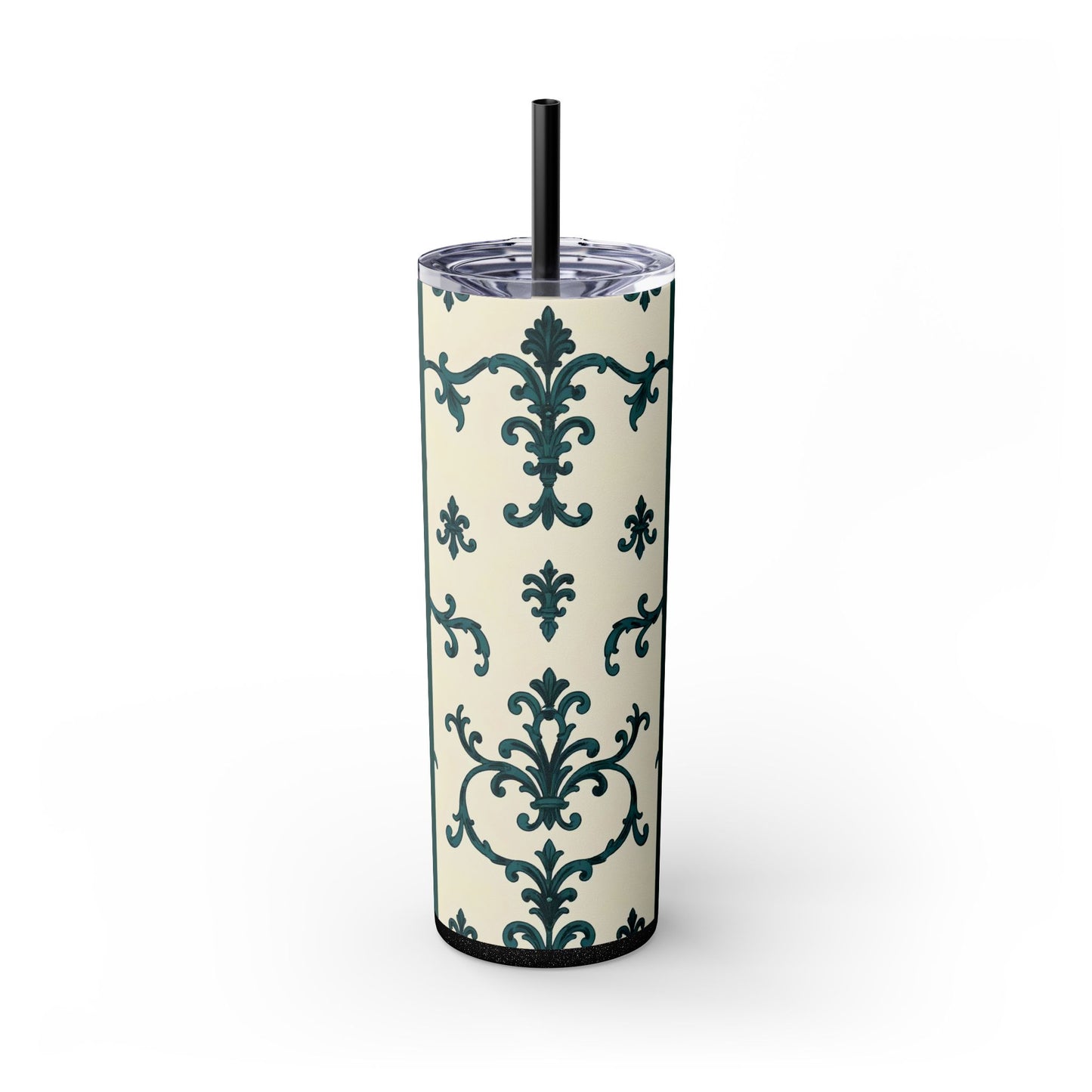 Elegant Floral Skinny Tumbler, 20oz - Stylish Travel Mug for Home, Coffee Lover Gift, Eco-Friendly Drinkware, Party Favor - Teal Striped Rococo