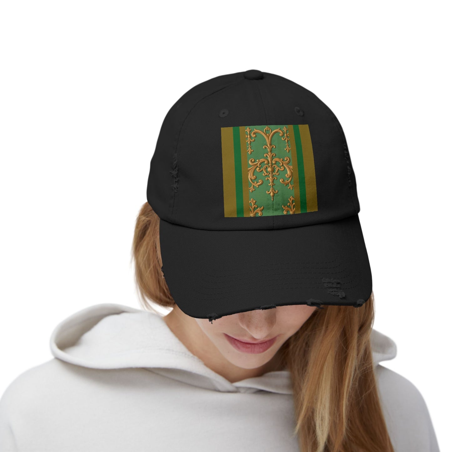 Stylish Unisex Distressed Cap with Unique Floral Design, Trending Accessory for Men and Women - Olive Green Striped Rococo