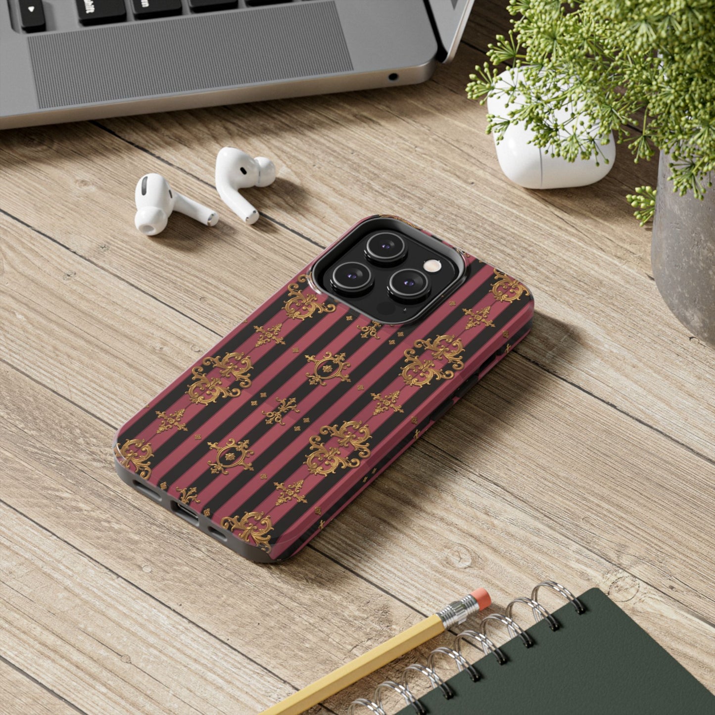 Elegant Black & Mauve Striped Gold Baroque Phone Case, Tough Phone Cases, Stylish Protective Cover, Unique Gift, Luxe Phone Accessories
