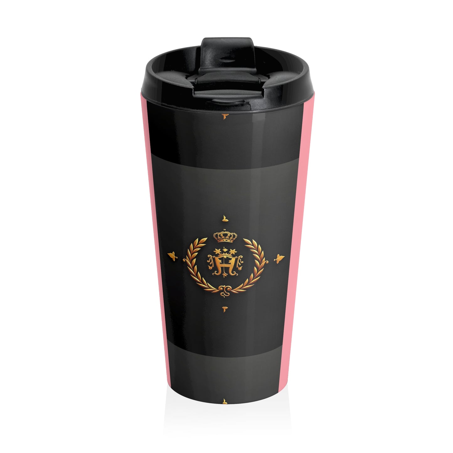 Royal Emblem Stainless Steel Travel Mug | Elegant Coffee Cup for Commuters, Durable Travel Accessory, Perfect Gift for Her - Pink Striped Gold Crest